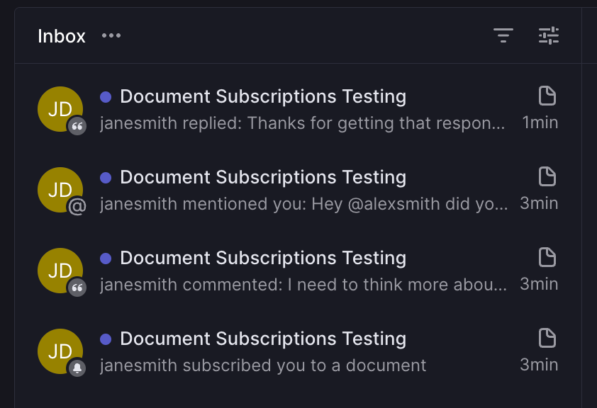 Notifications for document subscriptions