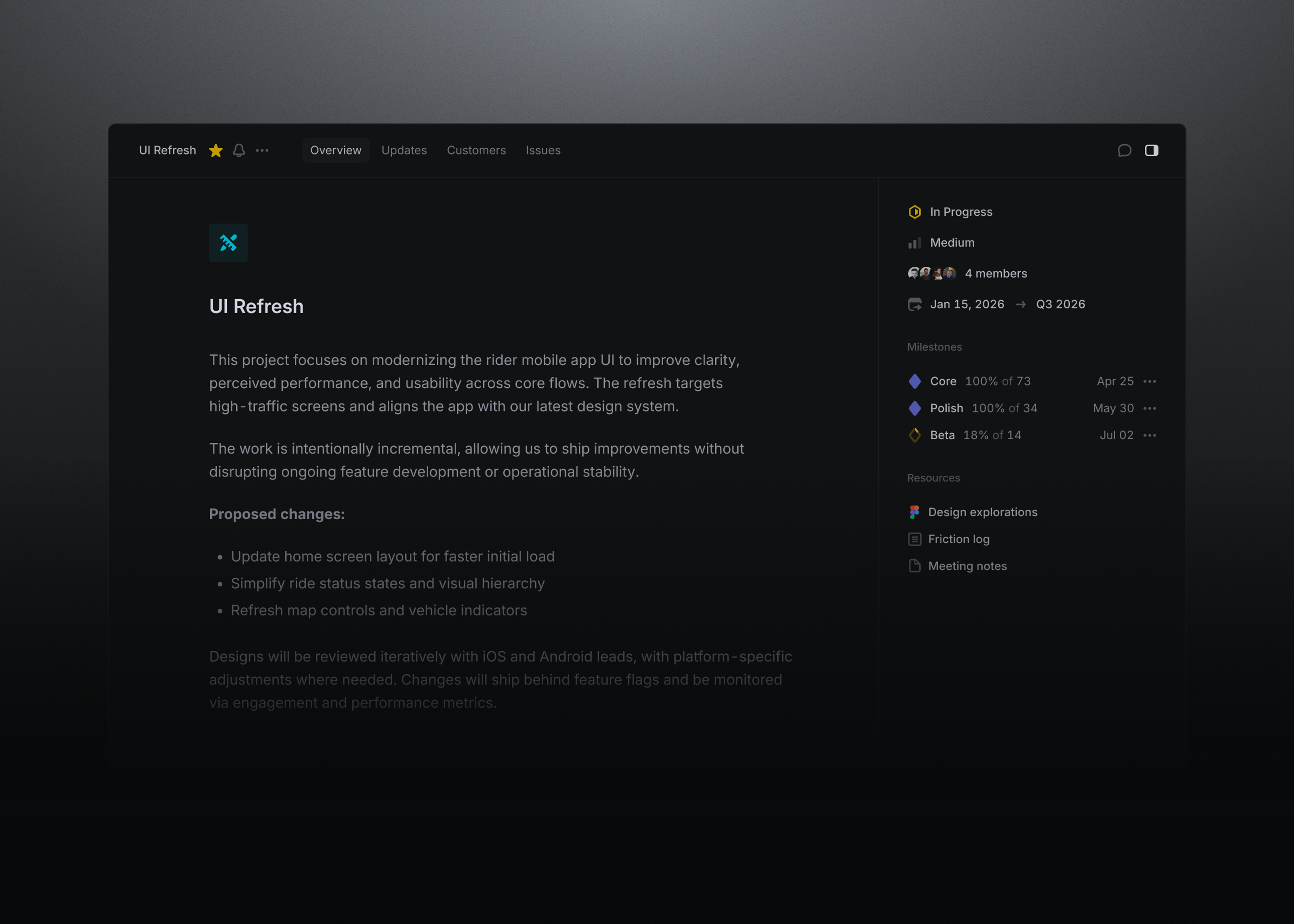 Linear UI of a project.