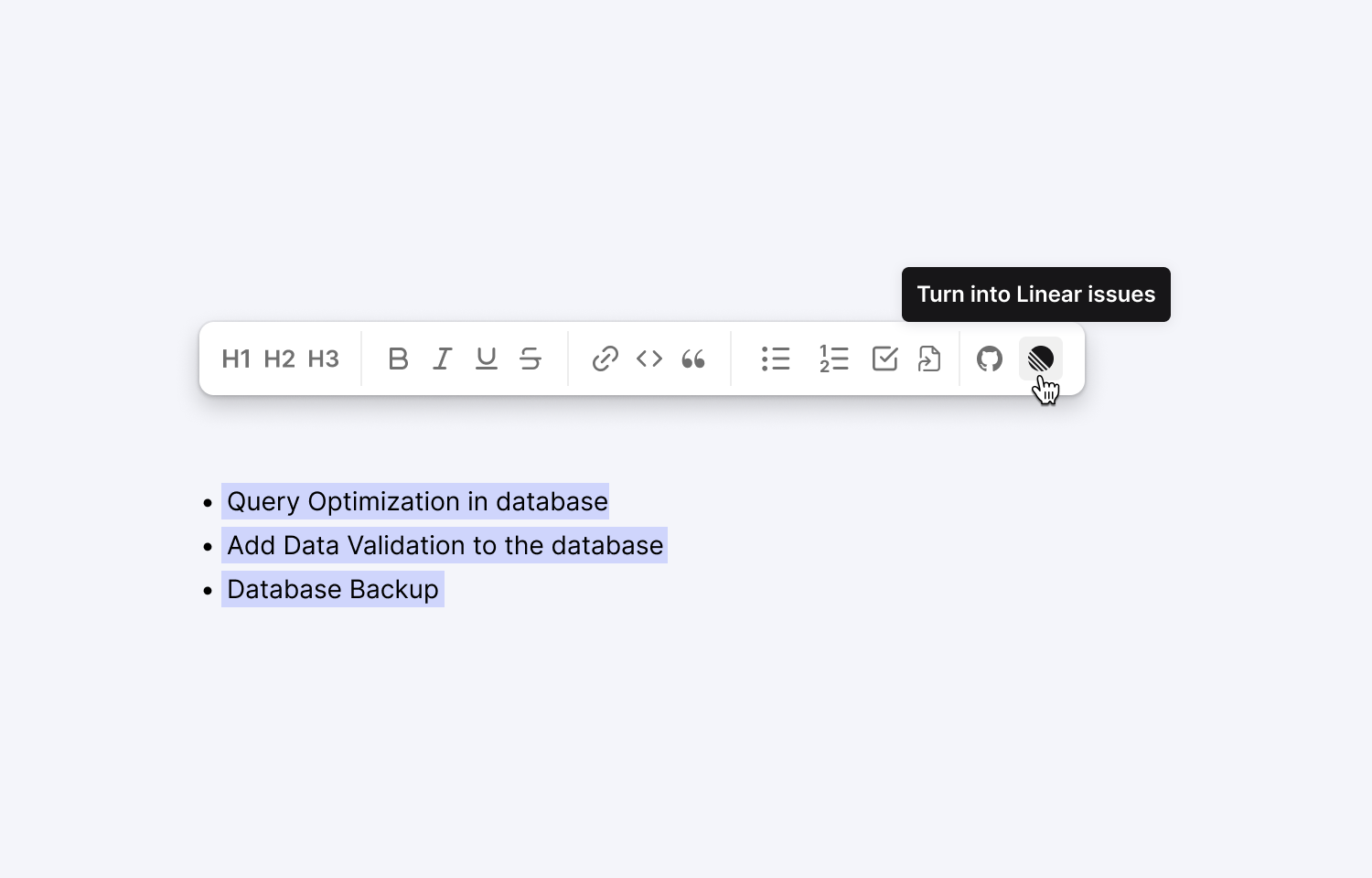 when highlighting a bullet point list in Cycle the option to turn into Linear issues is present