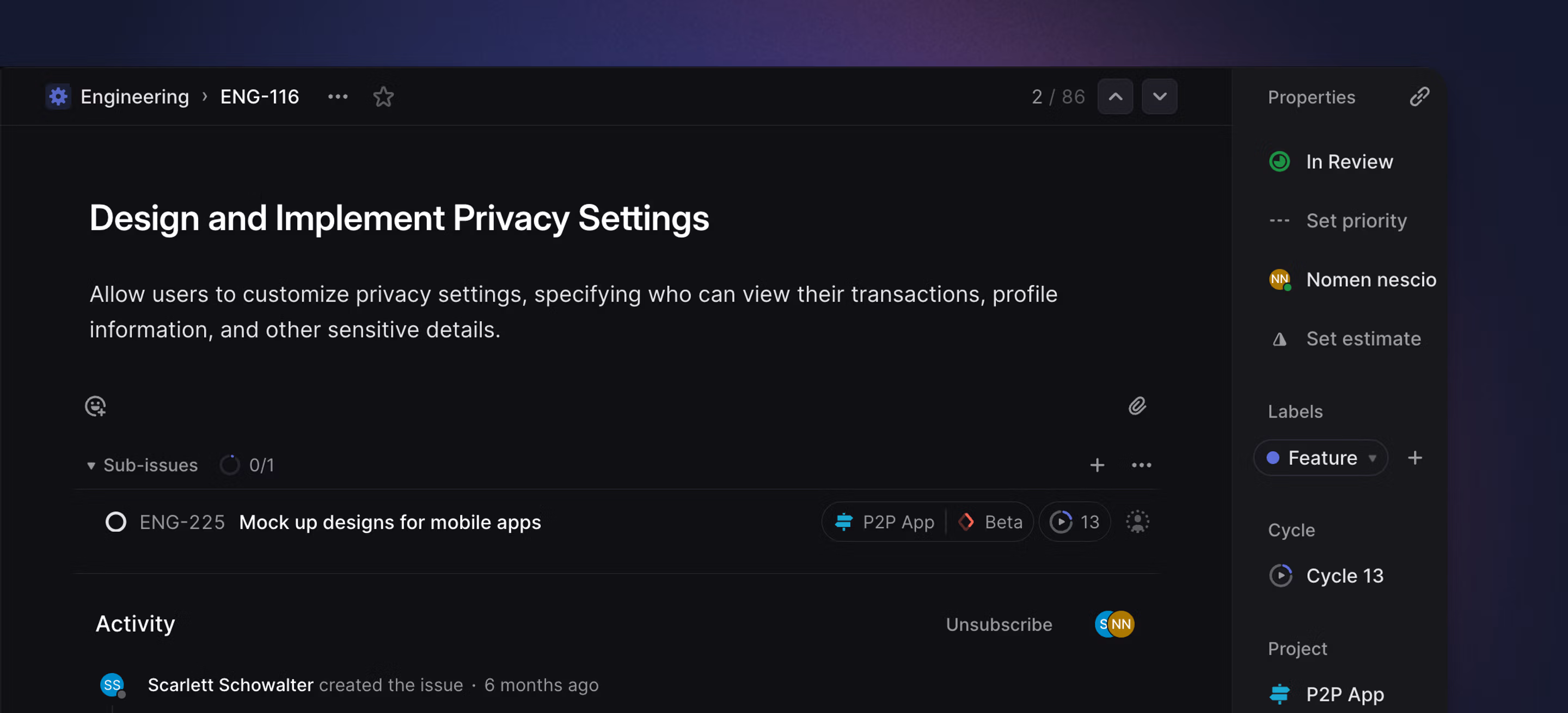 Linear app showing a parent issue with sub-issues