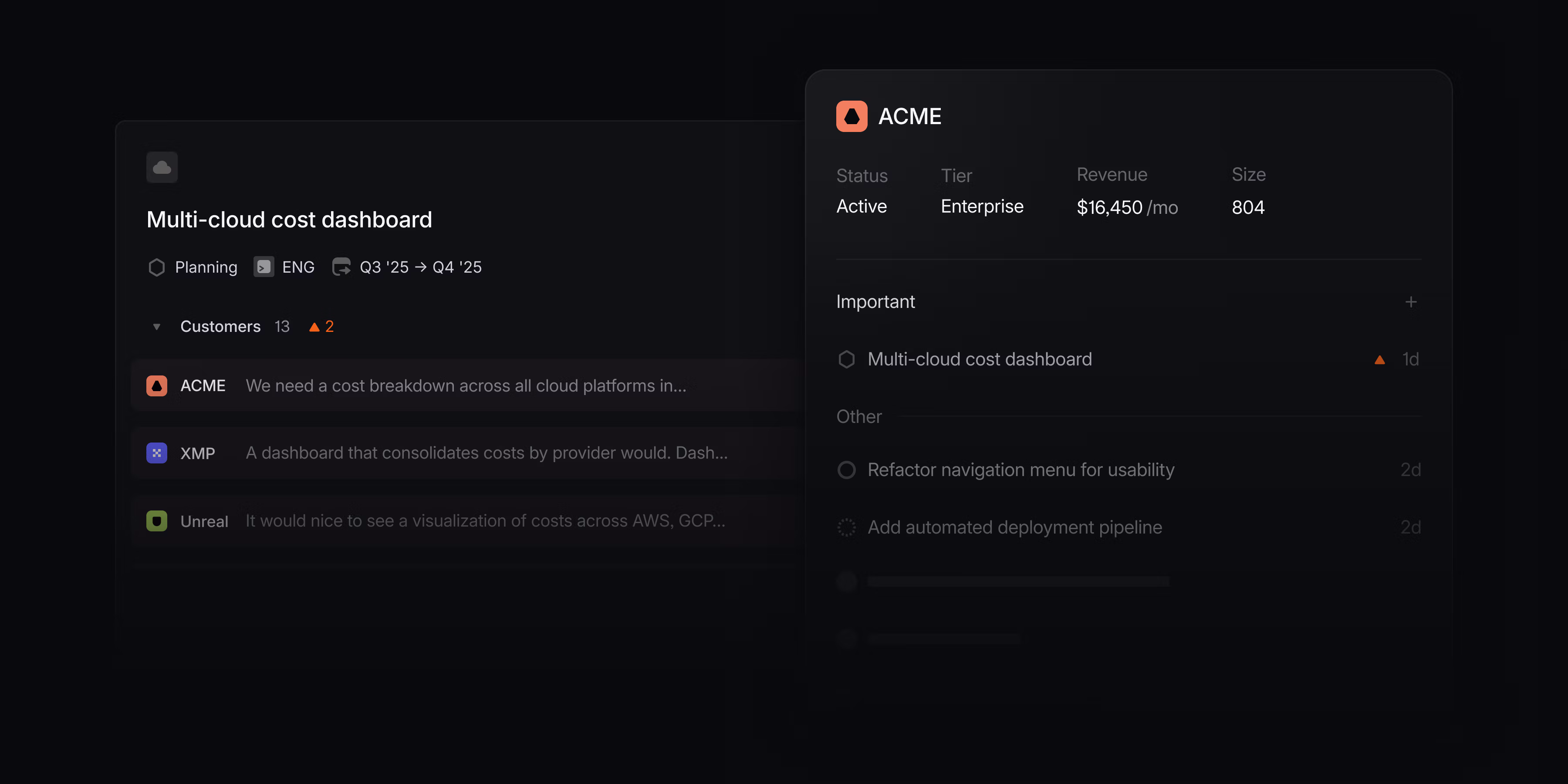 A project showing a list of customer requests including from companies Acme, XMP, and Unreal. Next to it, you see the customer page for Acme showing the requested project, a few other requested issues and projects, and key details including that Acme is an active customer, on the enterprise tier, with revenue $16,500 and 804 employees.