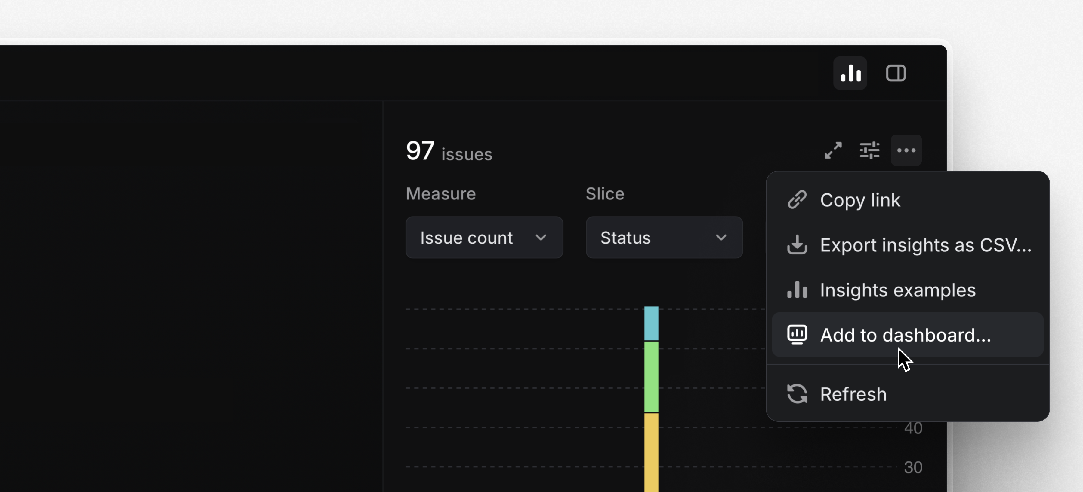 The insights sidebar is open showing a single insight, with the contextual dropdown menu open and the "Add to dashboard" option selected