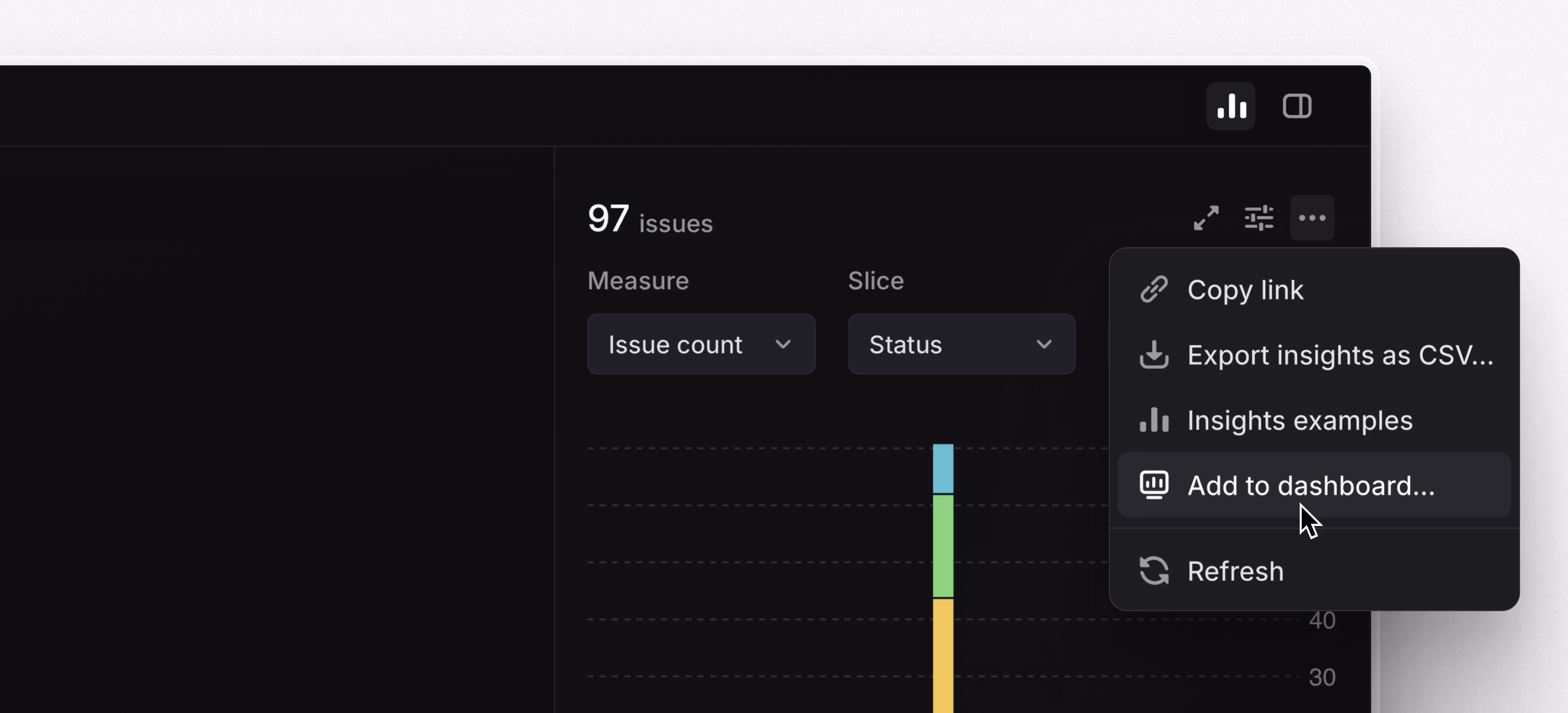 The insights sidebar is open showing a single insight, with the contextual dropdown menu open and the "Add to dashboard" option selected