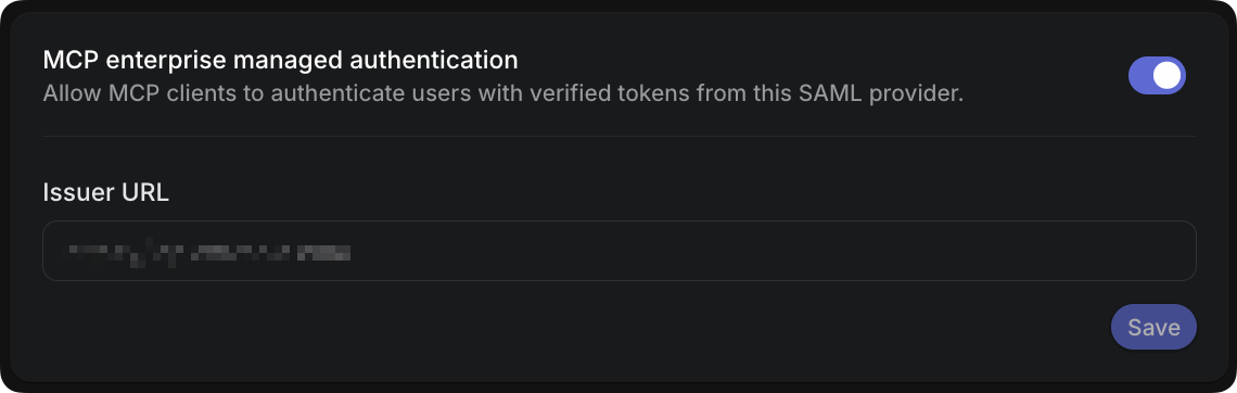 MCP Enterprise managed authentication settings located at the bottom of Okta Configuration Settings