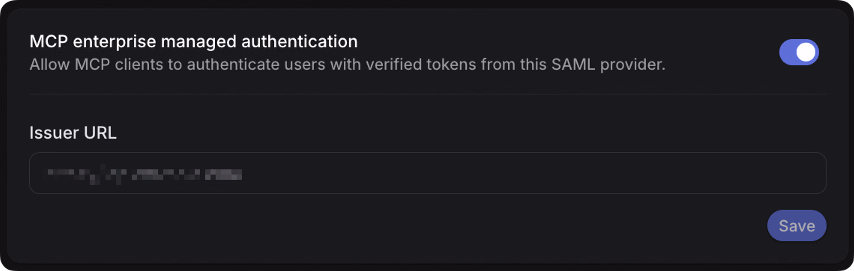 MCP Enterprise managed authentication settings located at the bottom of Okta Configuration Settings
