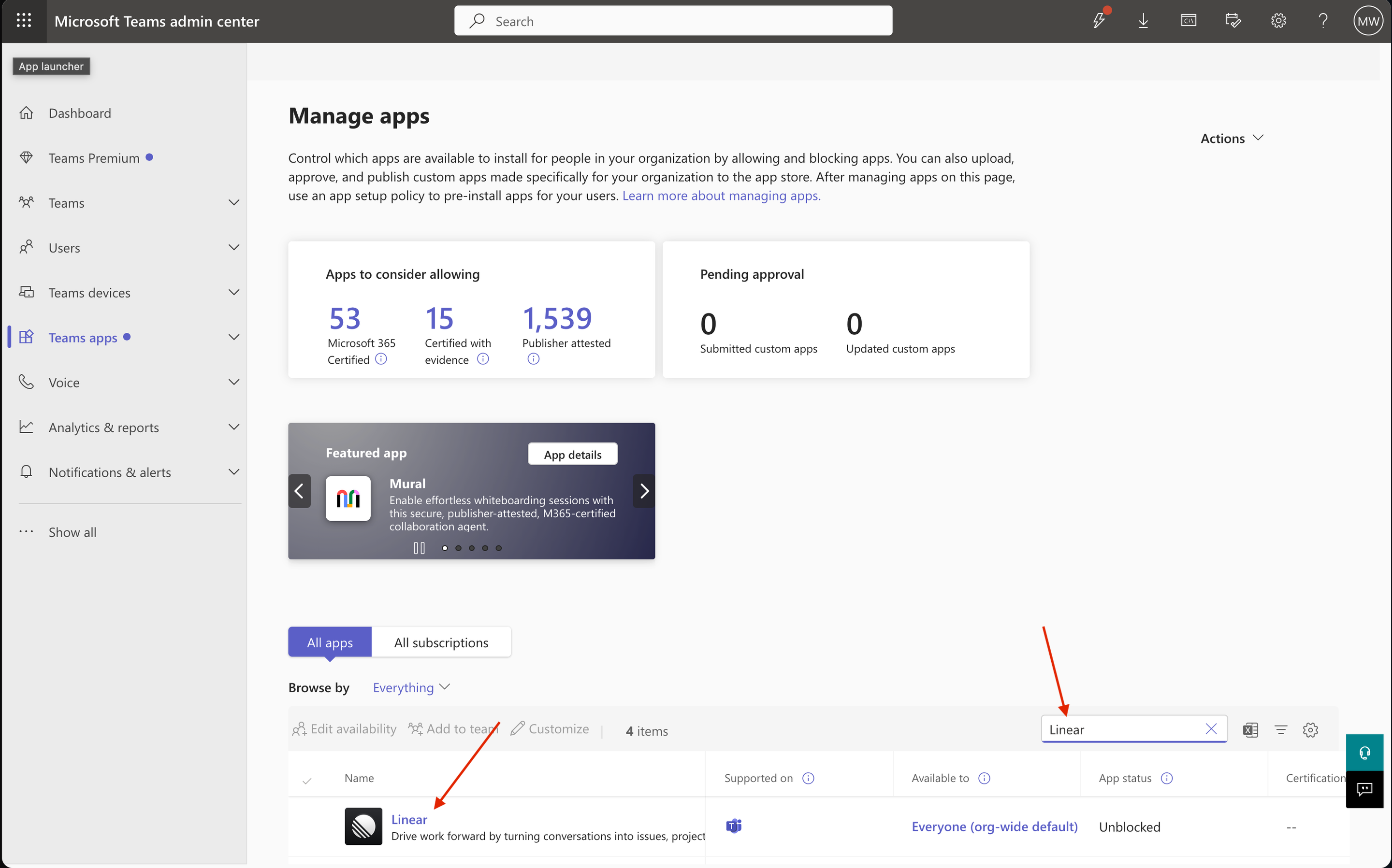 Opening the new Linear app in MS teams