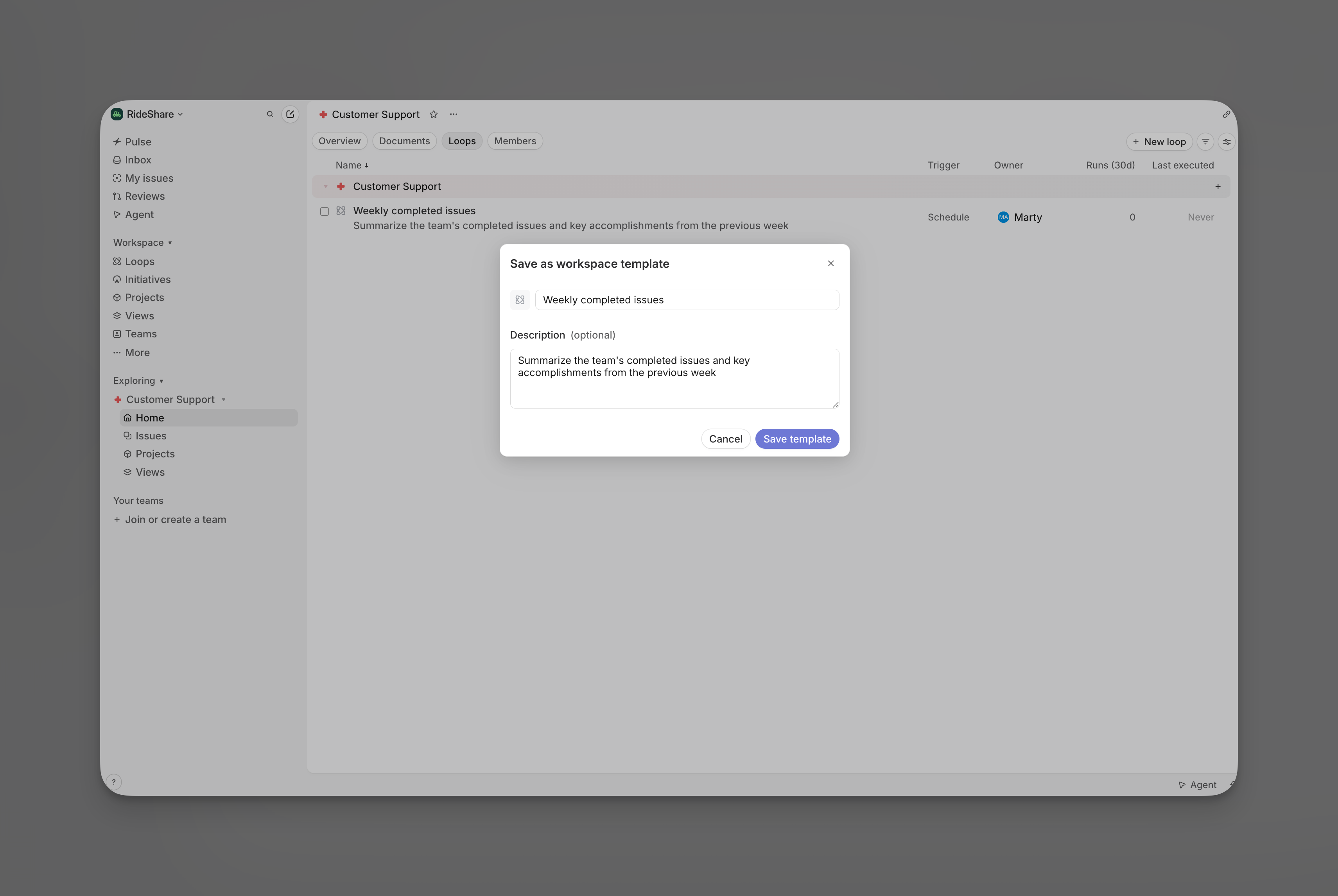 Save as workspace template dialog with the name Weekly completed issues, an optional description, and Cancel and Save template buttons