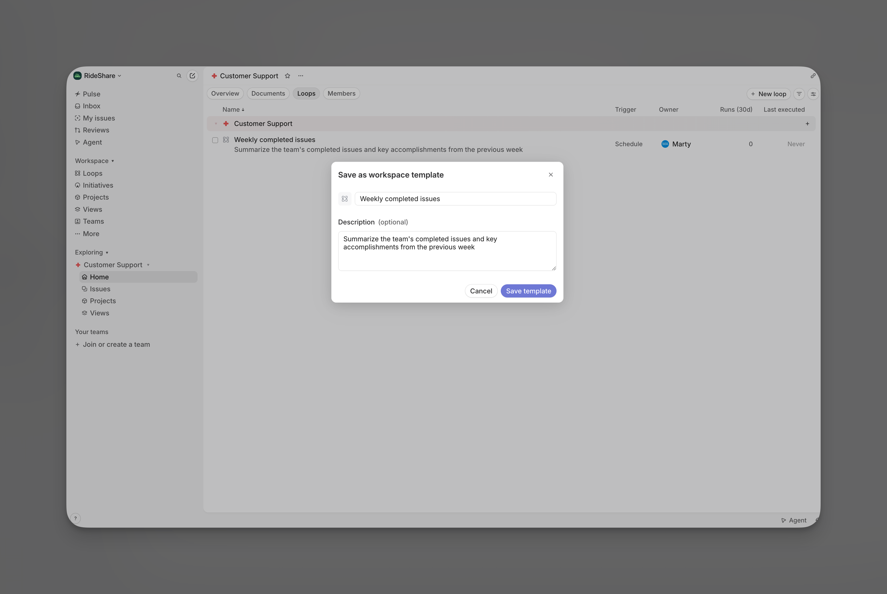 Save as workspace template dialog with the name Weekly completed issues, an optional description, and Cancel and Save template buttons