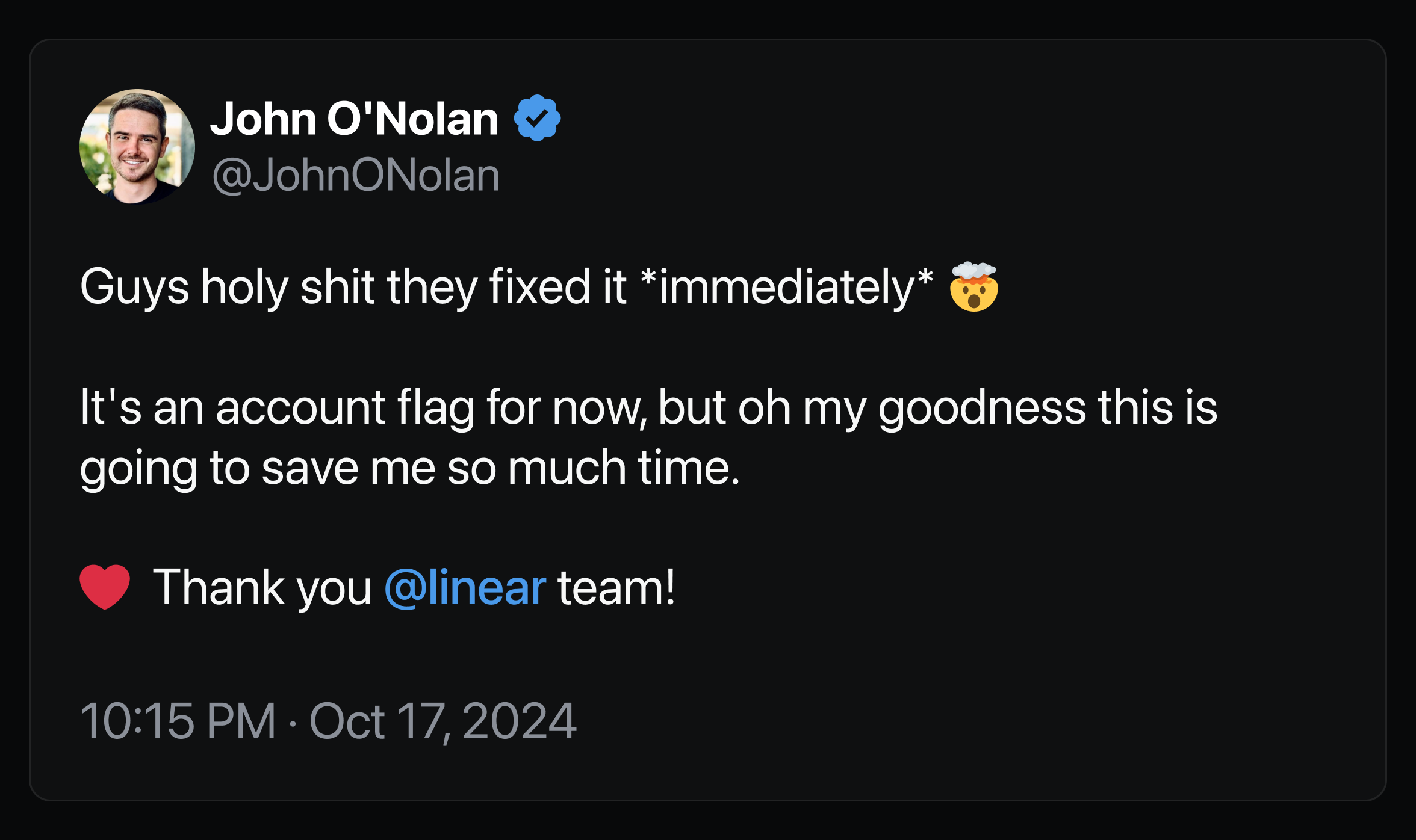 Image of Tweet celebrating Linear's bug fixing speed