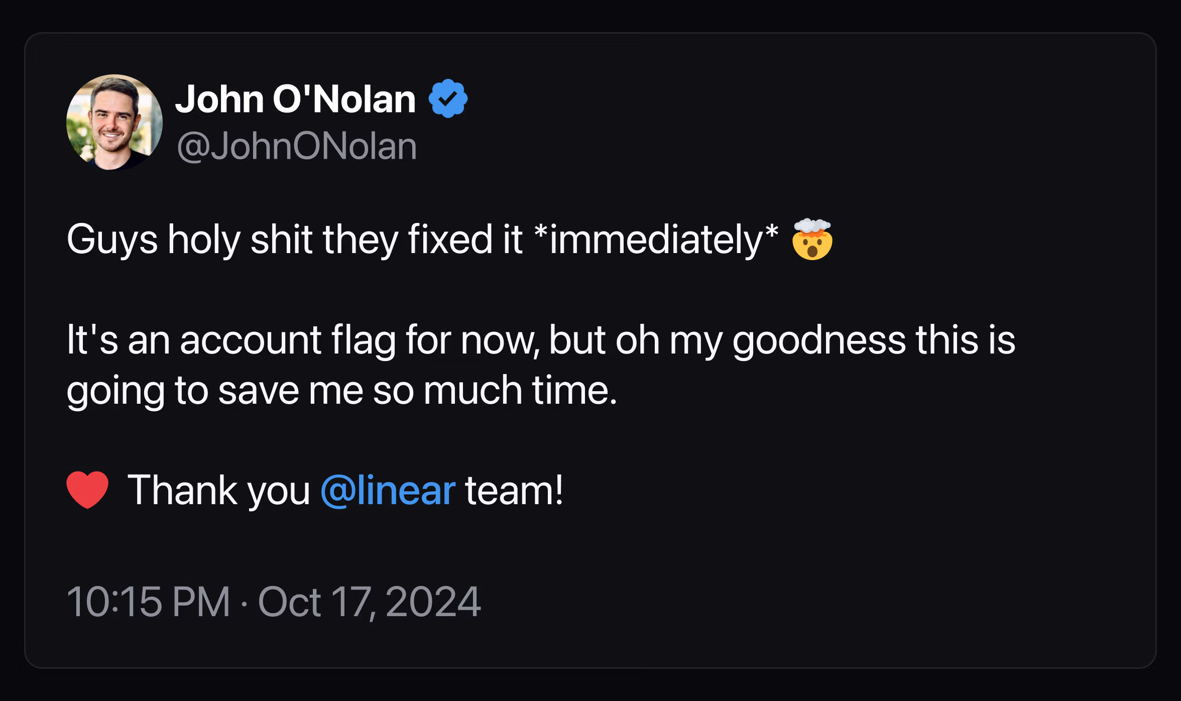 Image of Tweet celebrating Linear's bug fixing speed