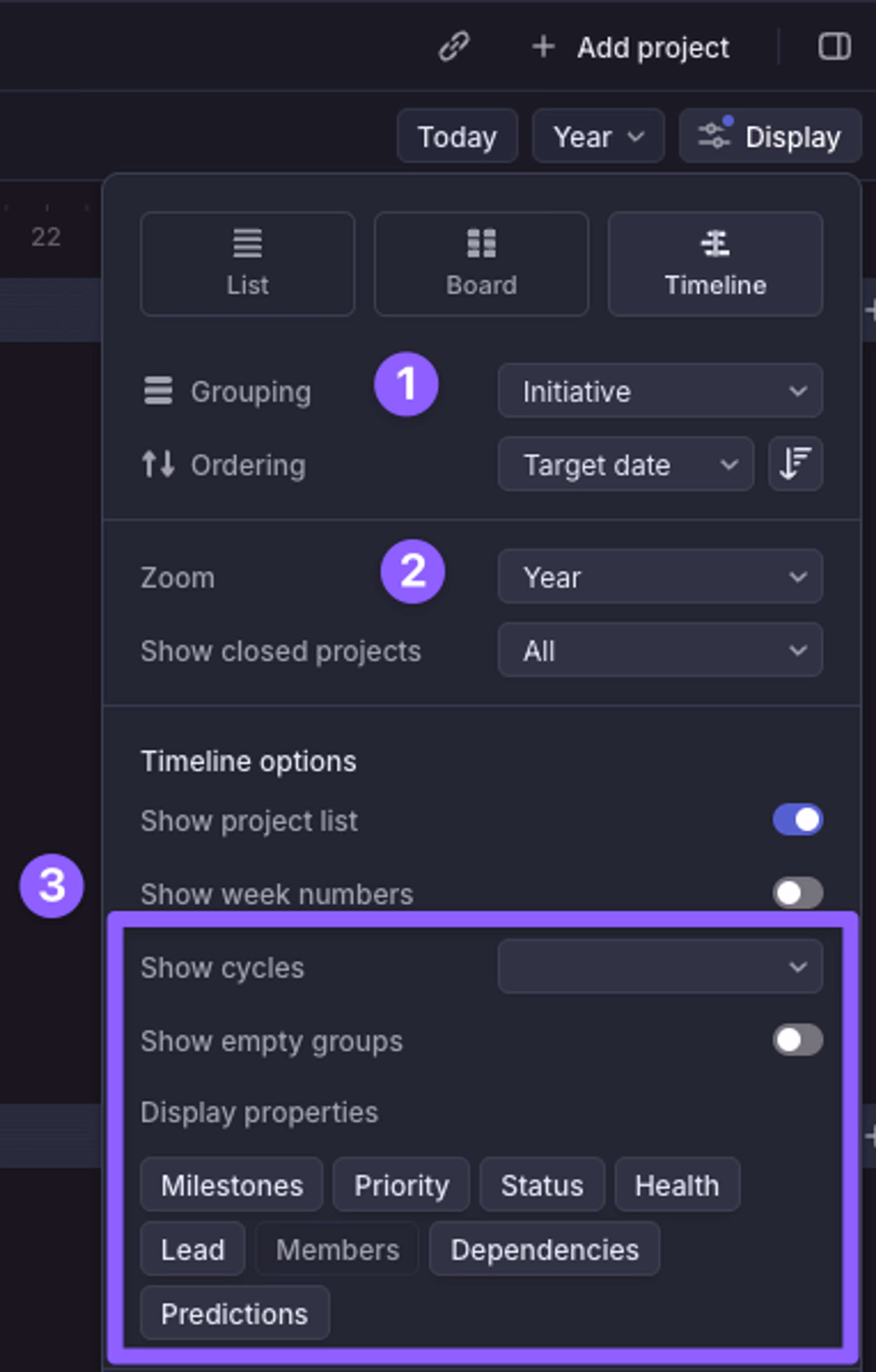 Timeline display options