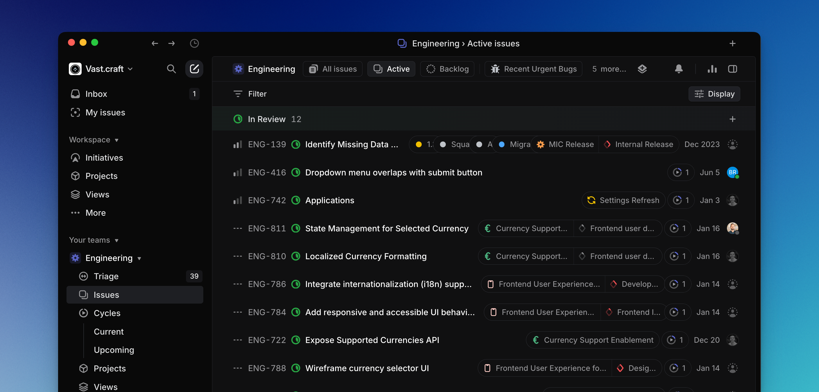 Linear interface showing active issues page