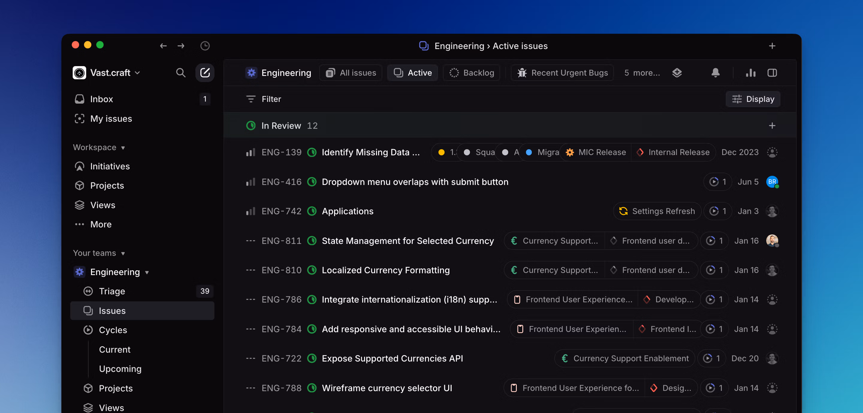 Linear interface showing active issues page