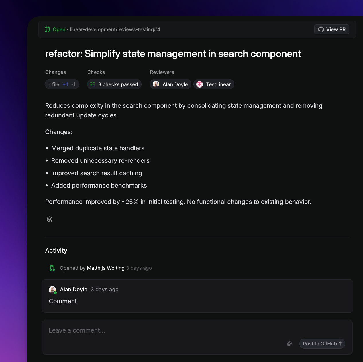 PR as shown in Linear detailing review status and comments