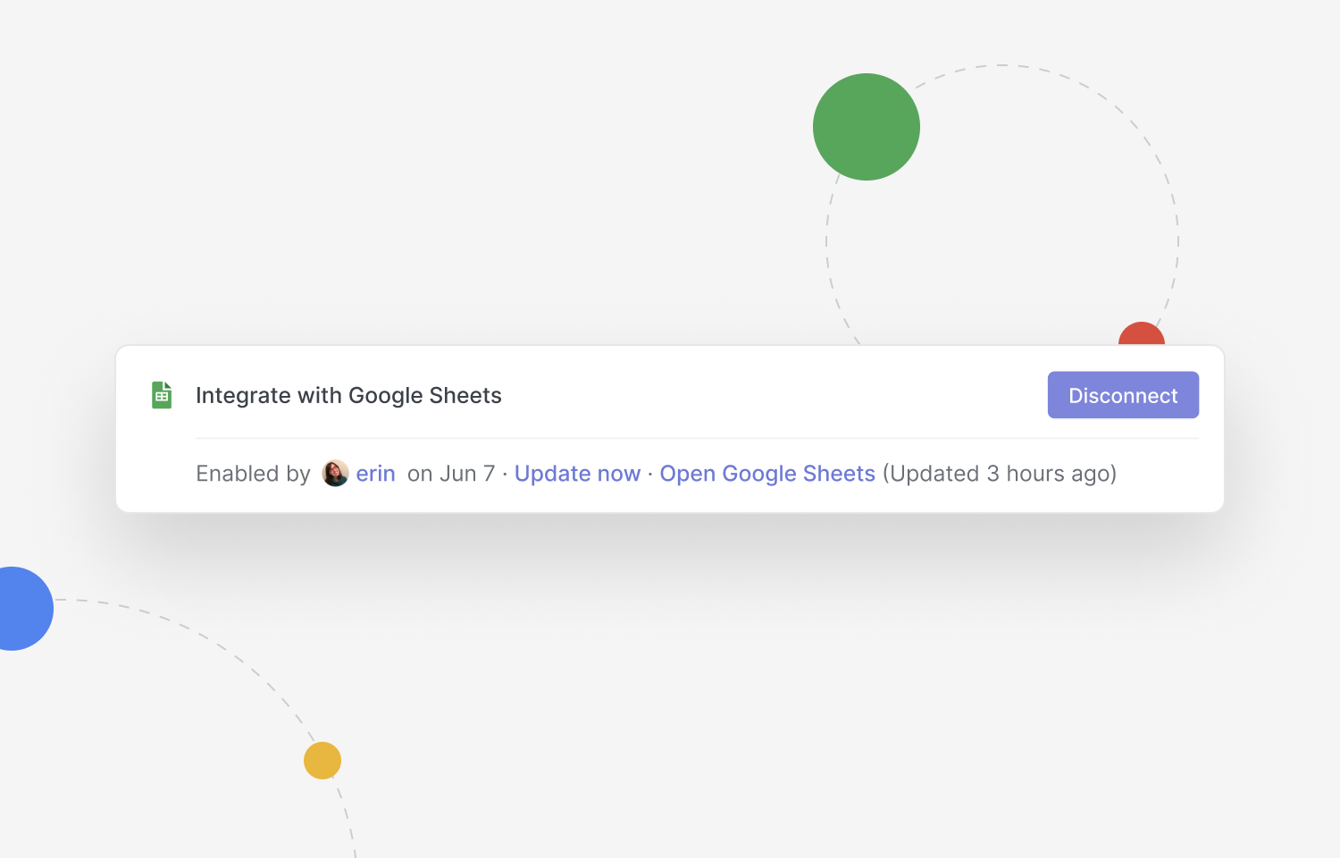 An active Google Sheets integration on Linear with actions to "Update now" and "Open Google Sheets".