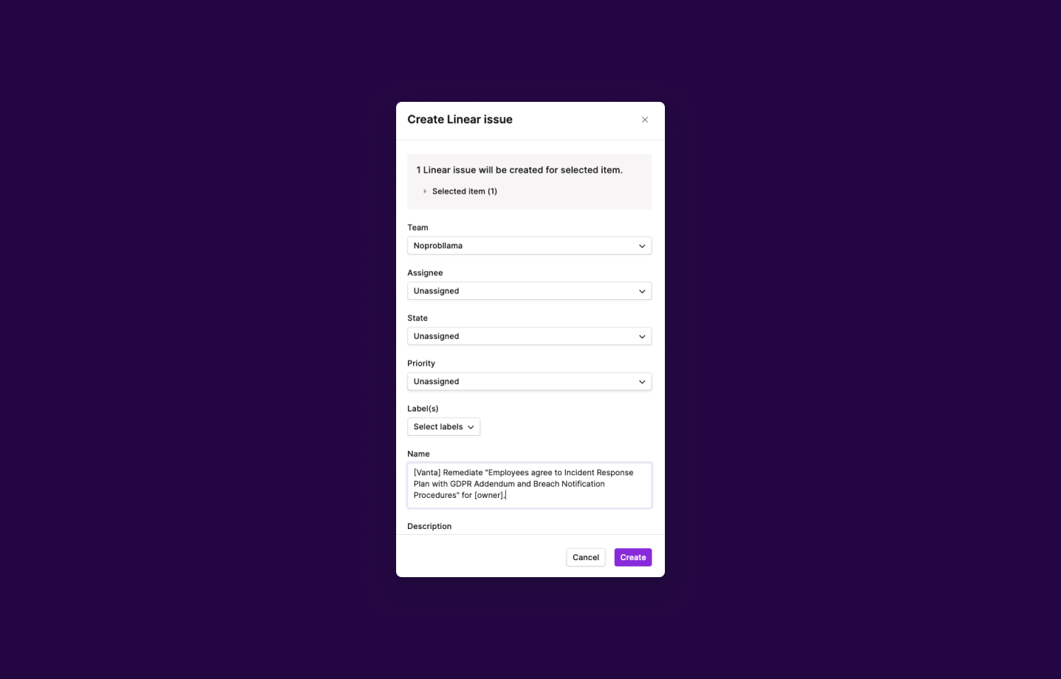 Vanta interface for creating a Linear issue