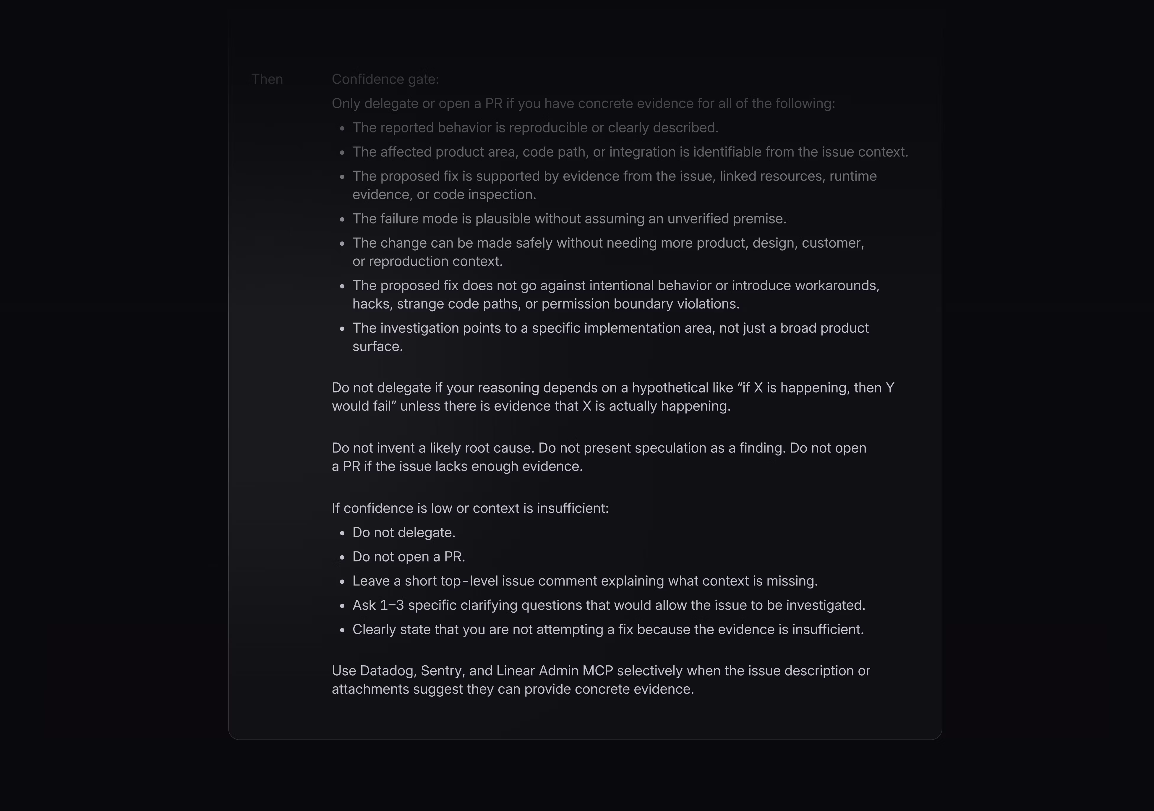 Linear UI showing confidence gate guidance on a skill.