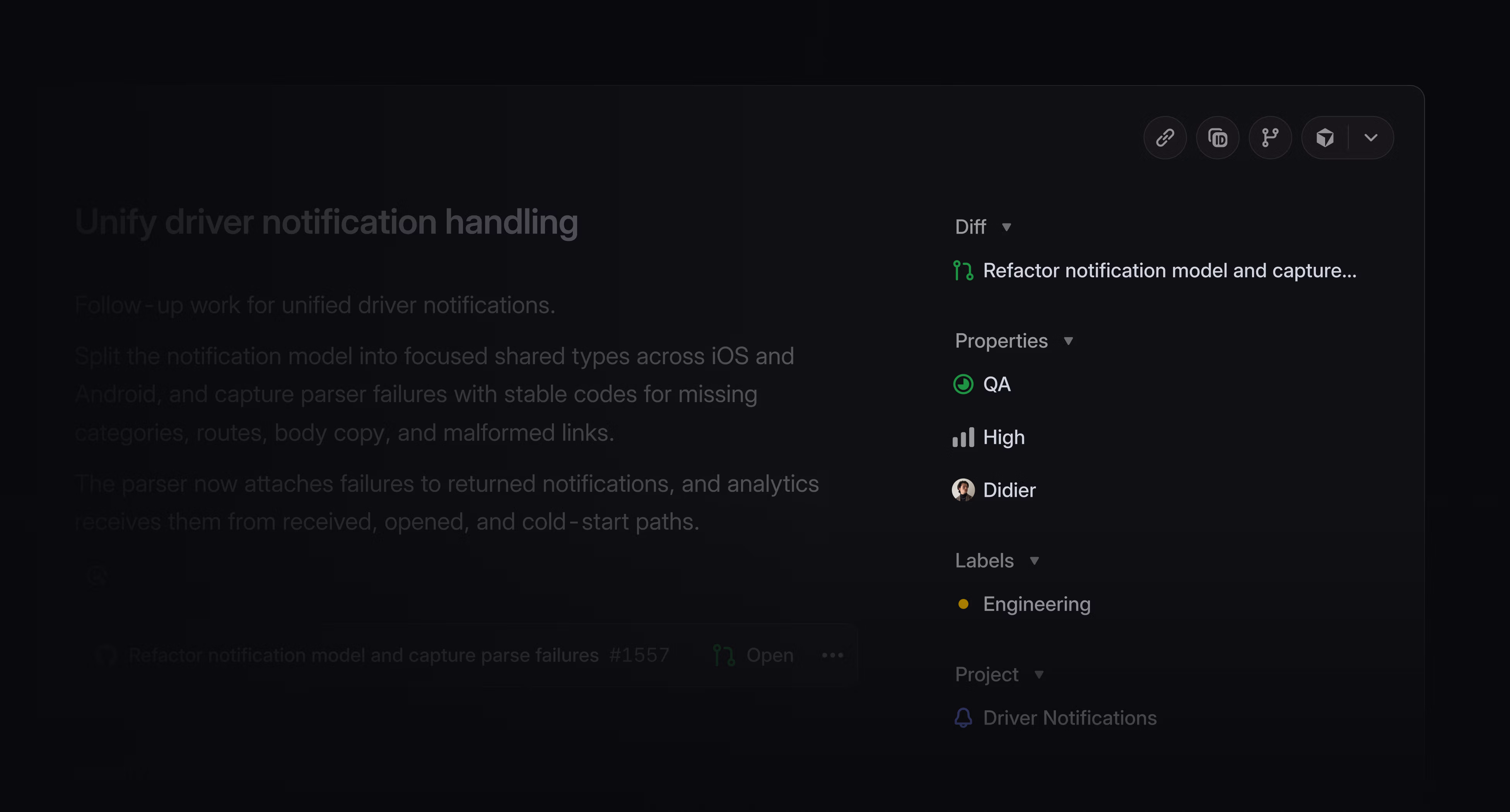 Linear UI showing a diff in product context