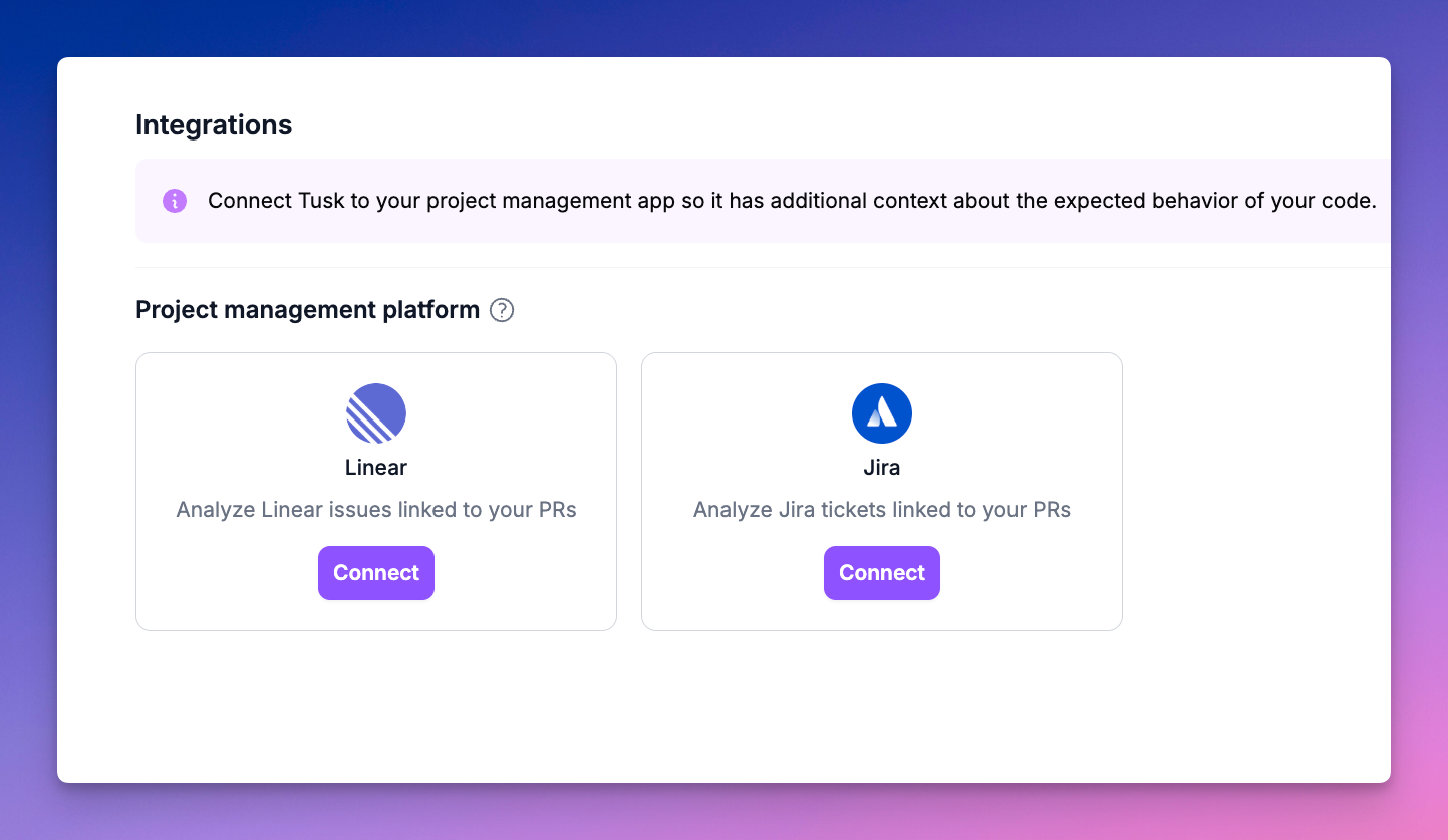 Linear integration settings page in Tusk
