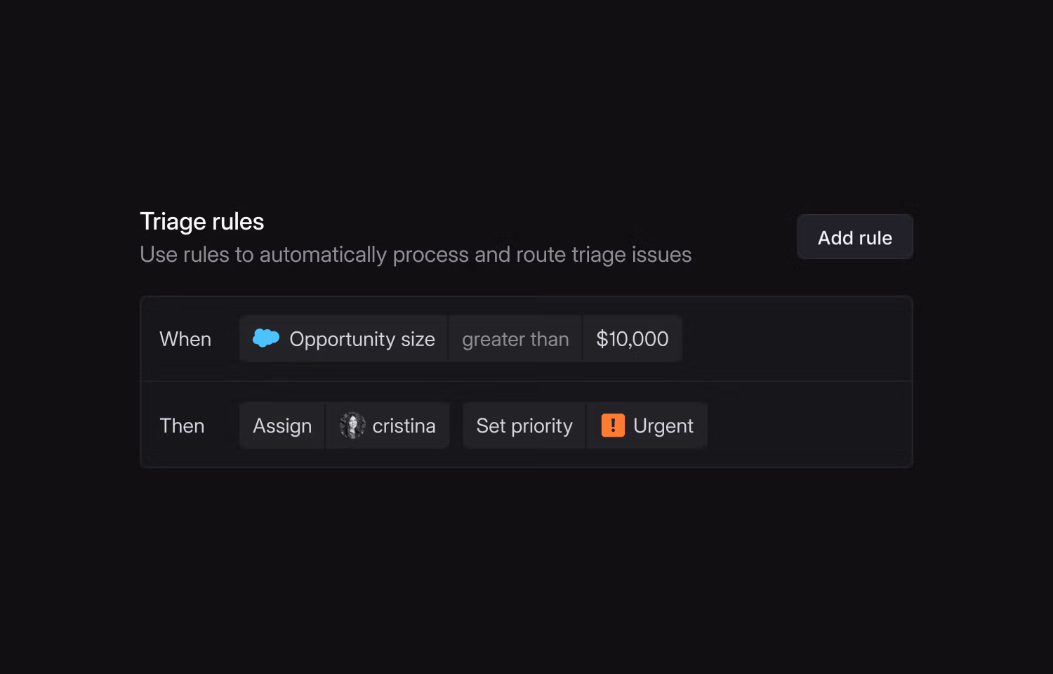 Screenshot of Linear’s triage rule builder. Example rule: when Salesforce opportunity size is greater than $10,000, then assign to Cristina, set priority to Urgent, and automatically route the issue.