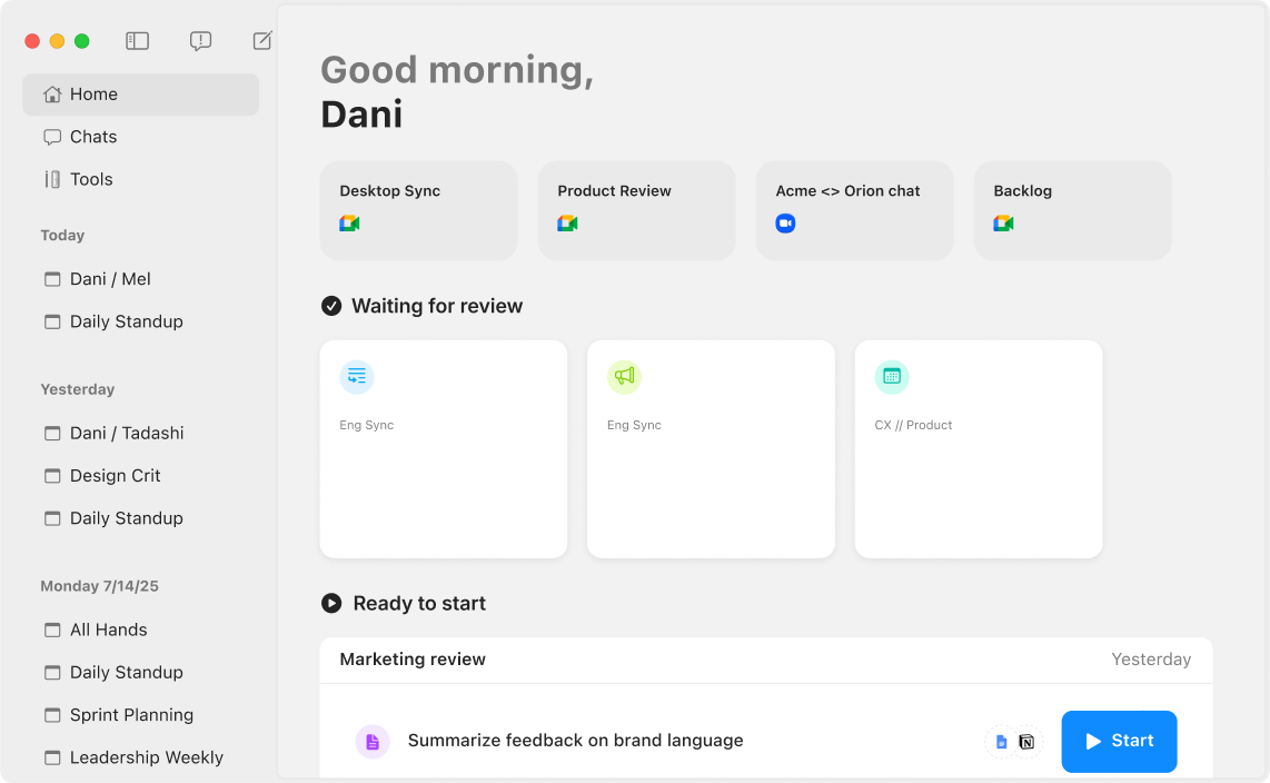 See meetings, tasks, and follow-ups all in one home view