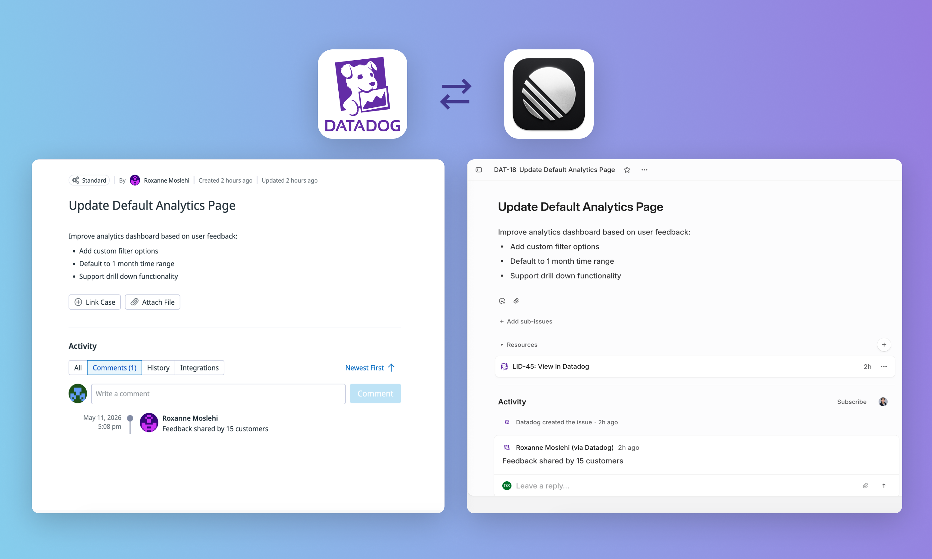 Comments and description synced between a datadog monitor and a linear issue