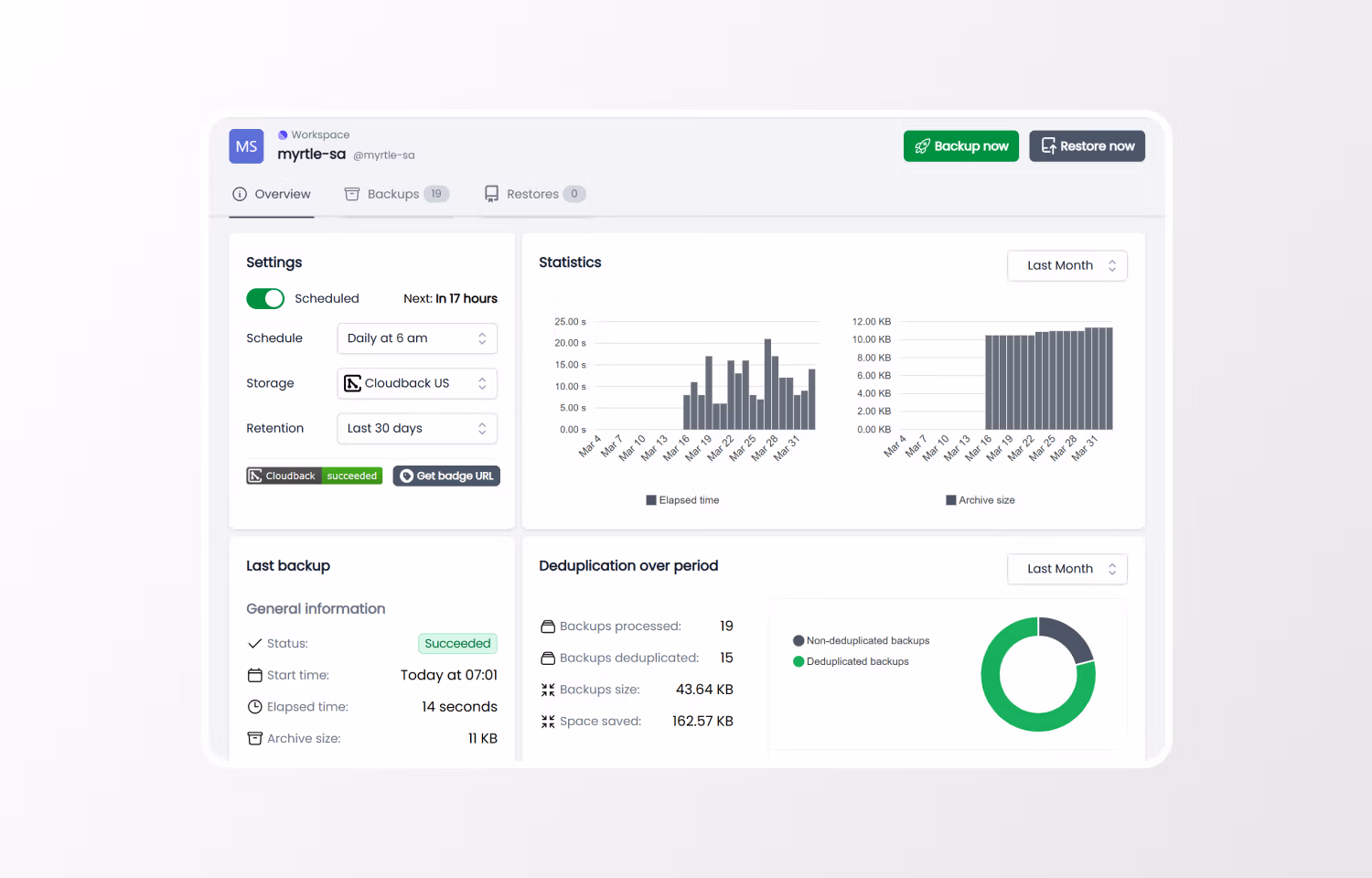 Manage backup settings, view backup and data deduplication statistics
