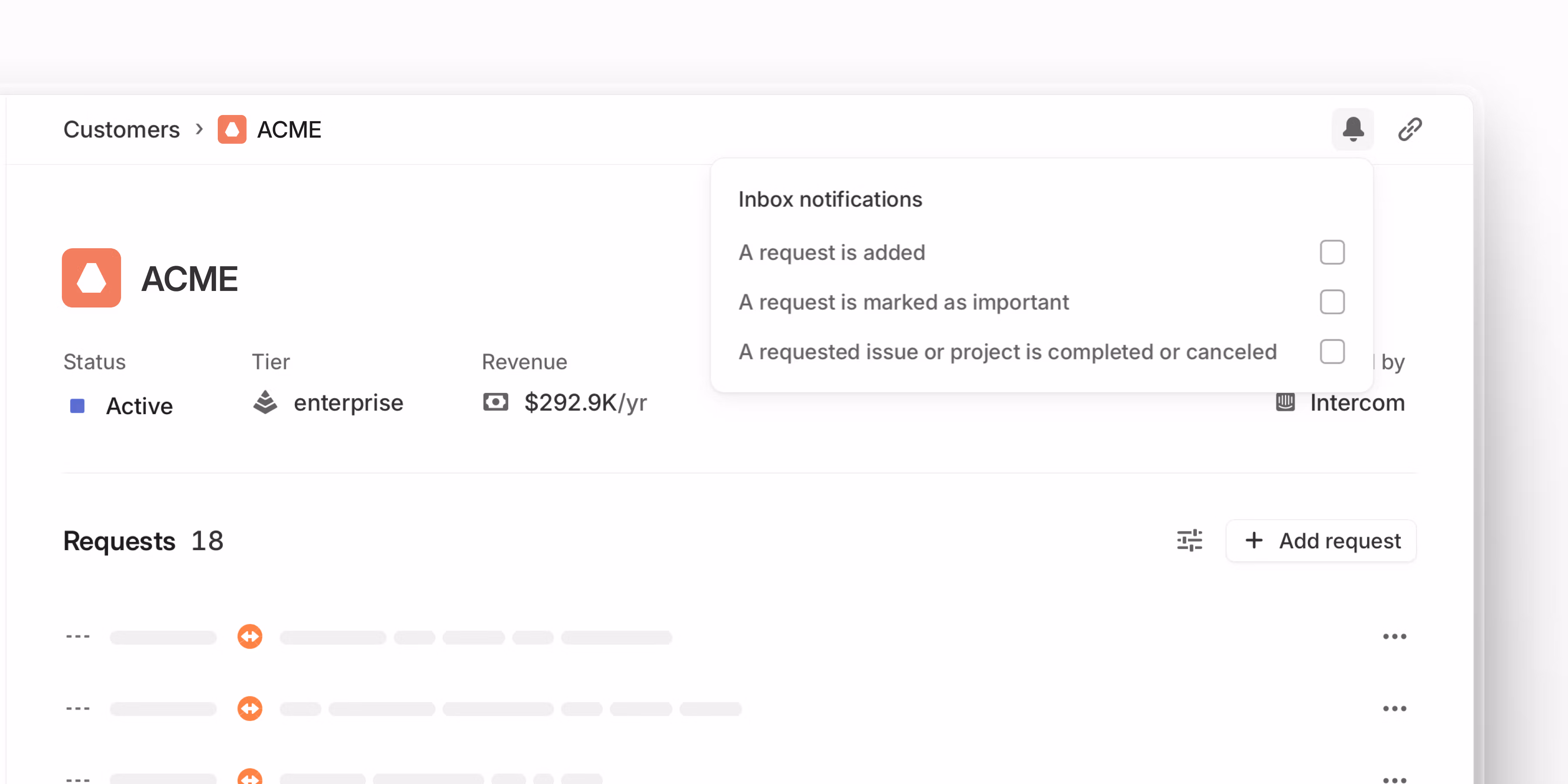 A customer page with the notification modal open, showing the three subscription options you can select