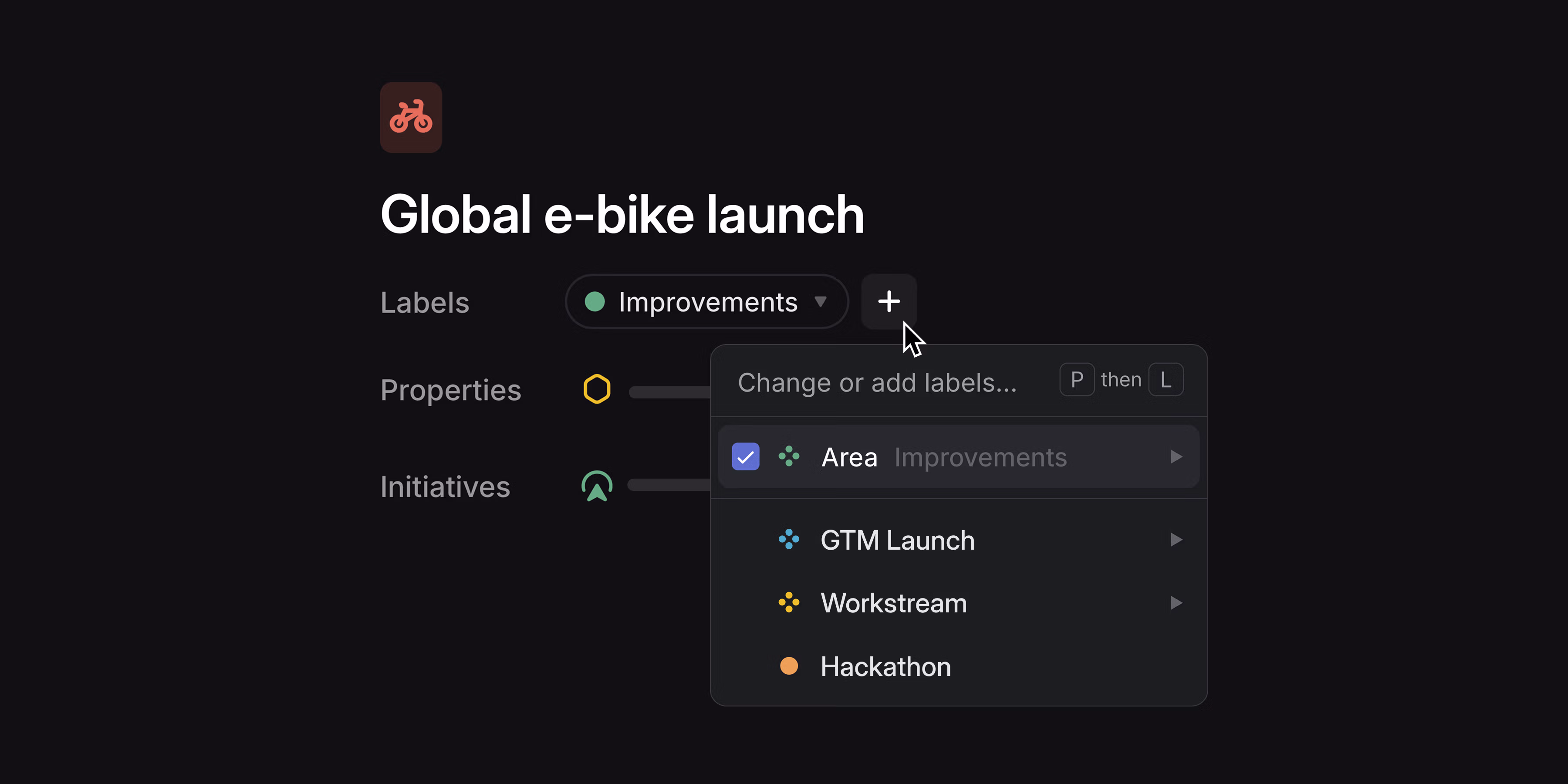 Shows user adding project labels to the Global e-bike launch project. They can select a label called Hackathon or apply a label from one of these label groups: launch tier, workstream