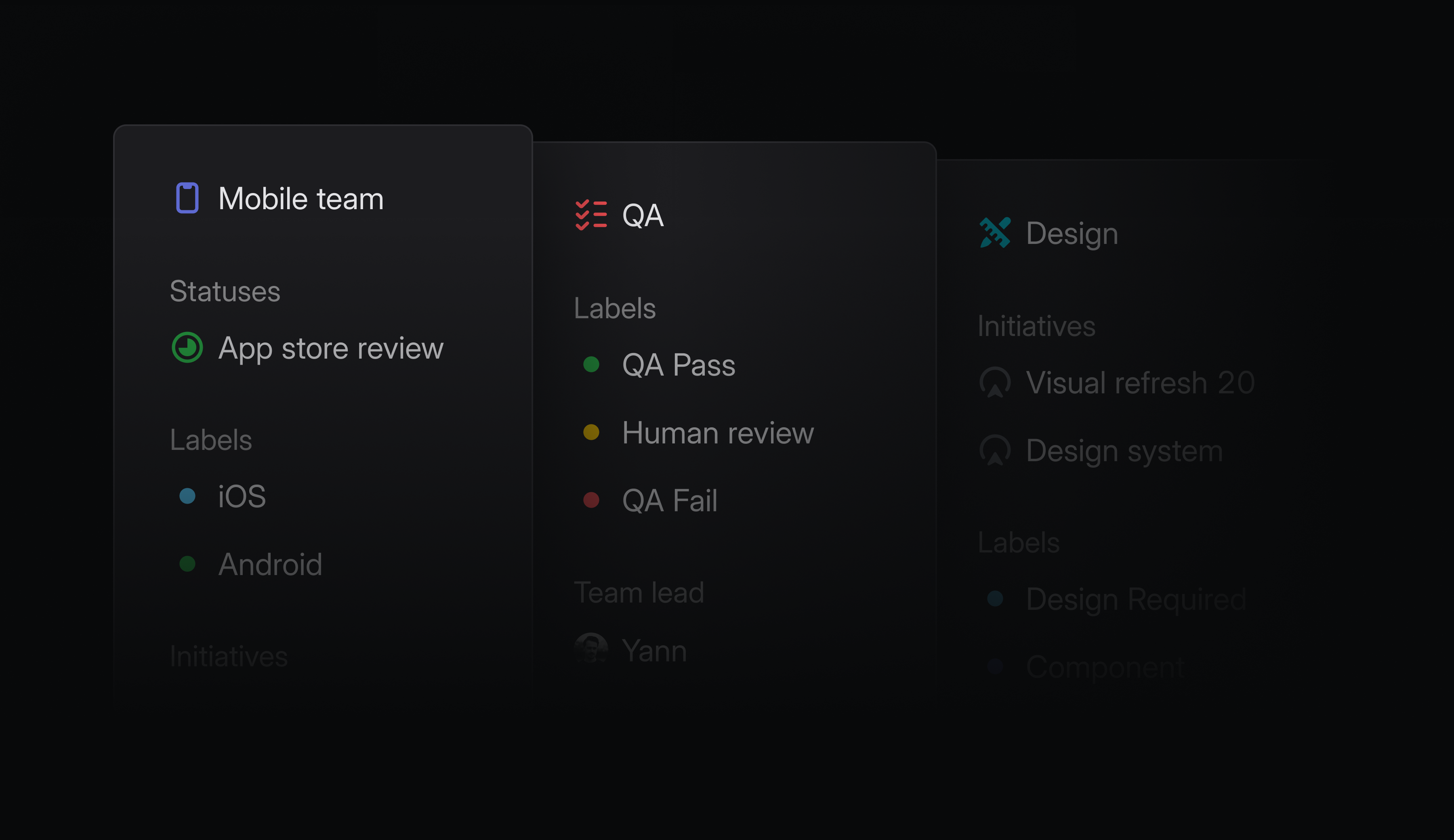 Overlapping team settings panels showing custom statuses, labels, initiatives, and team ownership for Mobile, QA, and Design teams.