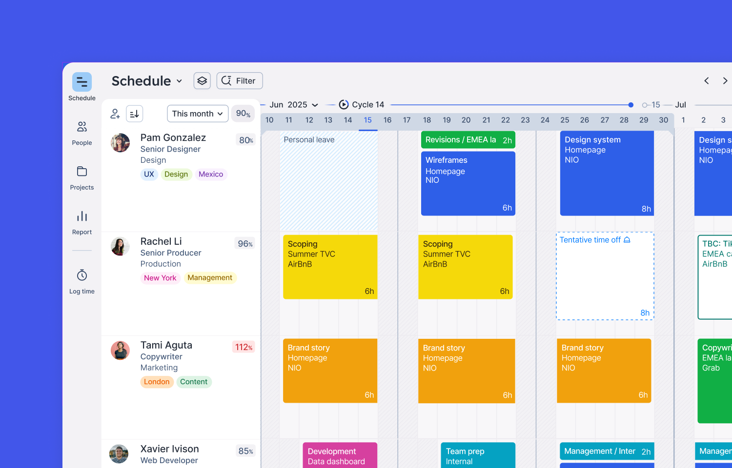 Float calendar showing cycle times