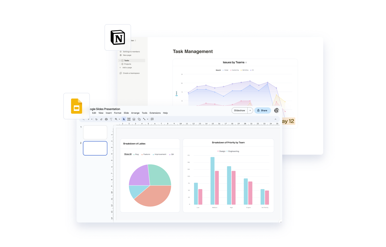 Polymer dashboards showing as embeds on Notion and a spreadsheet