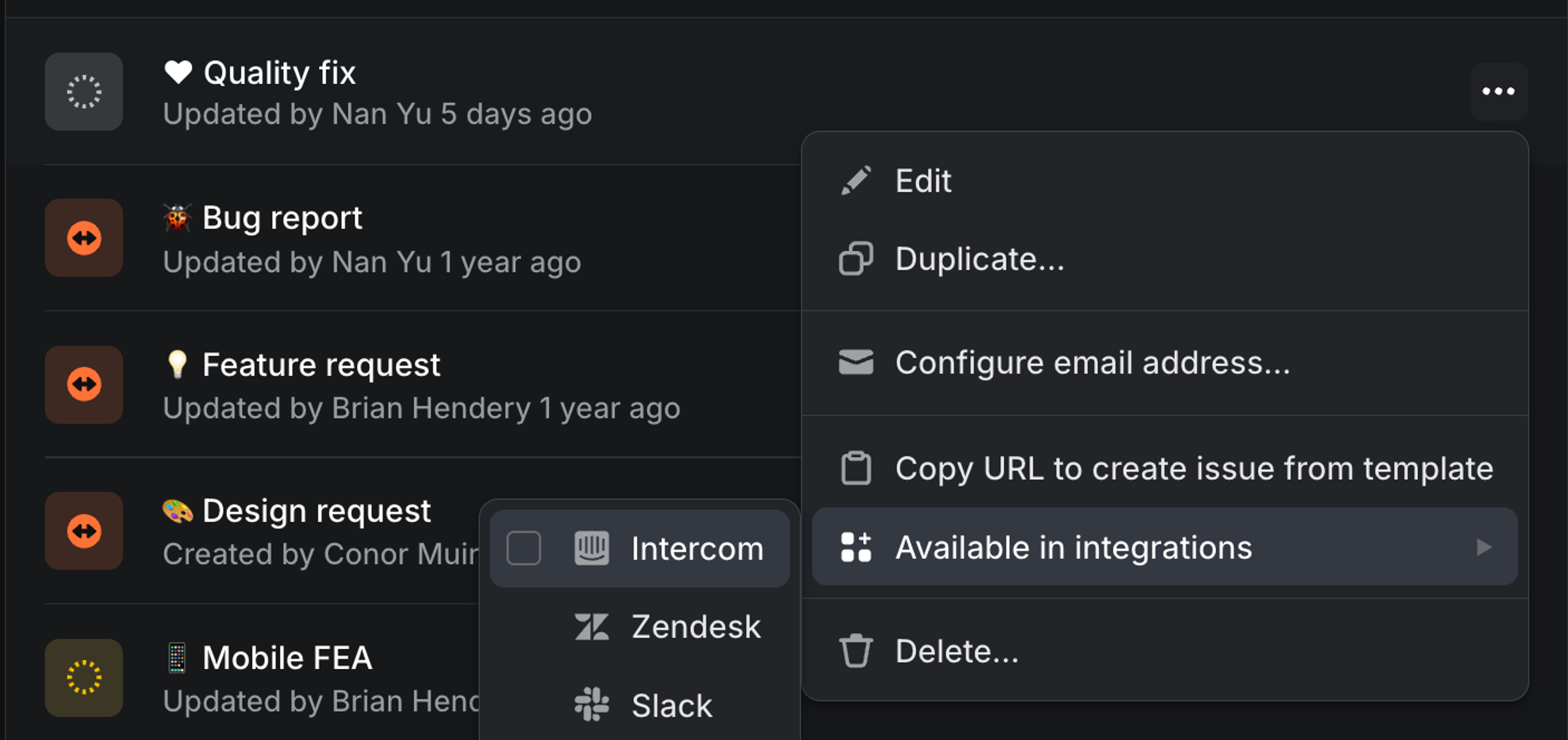 Overflow menu in template settings where you can add templates to integrations