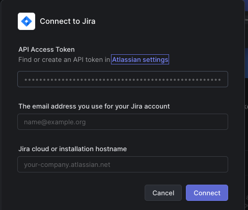 Picture of the form asking for API token, Jira account email address and jira hostname