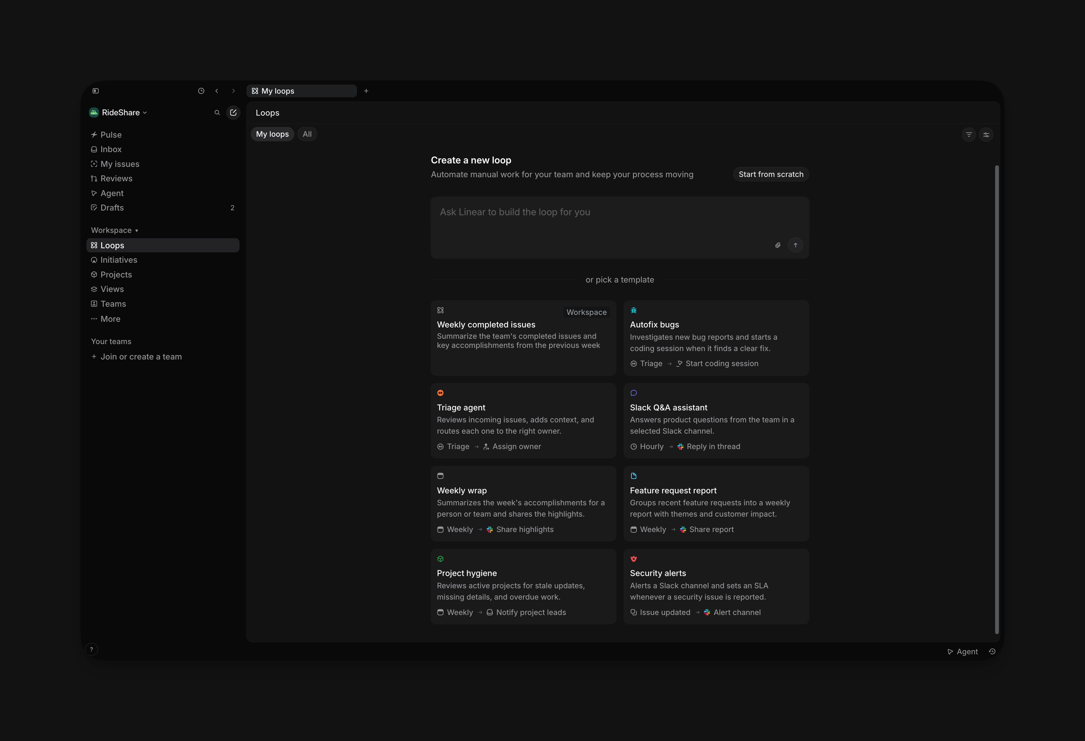 Create a new loop page with a prompt box, Start from scratch button, and workflow templates