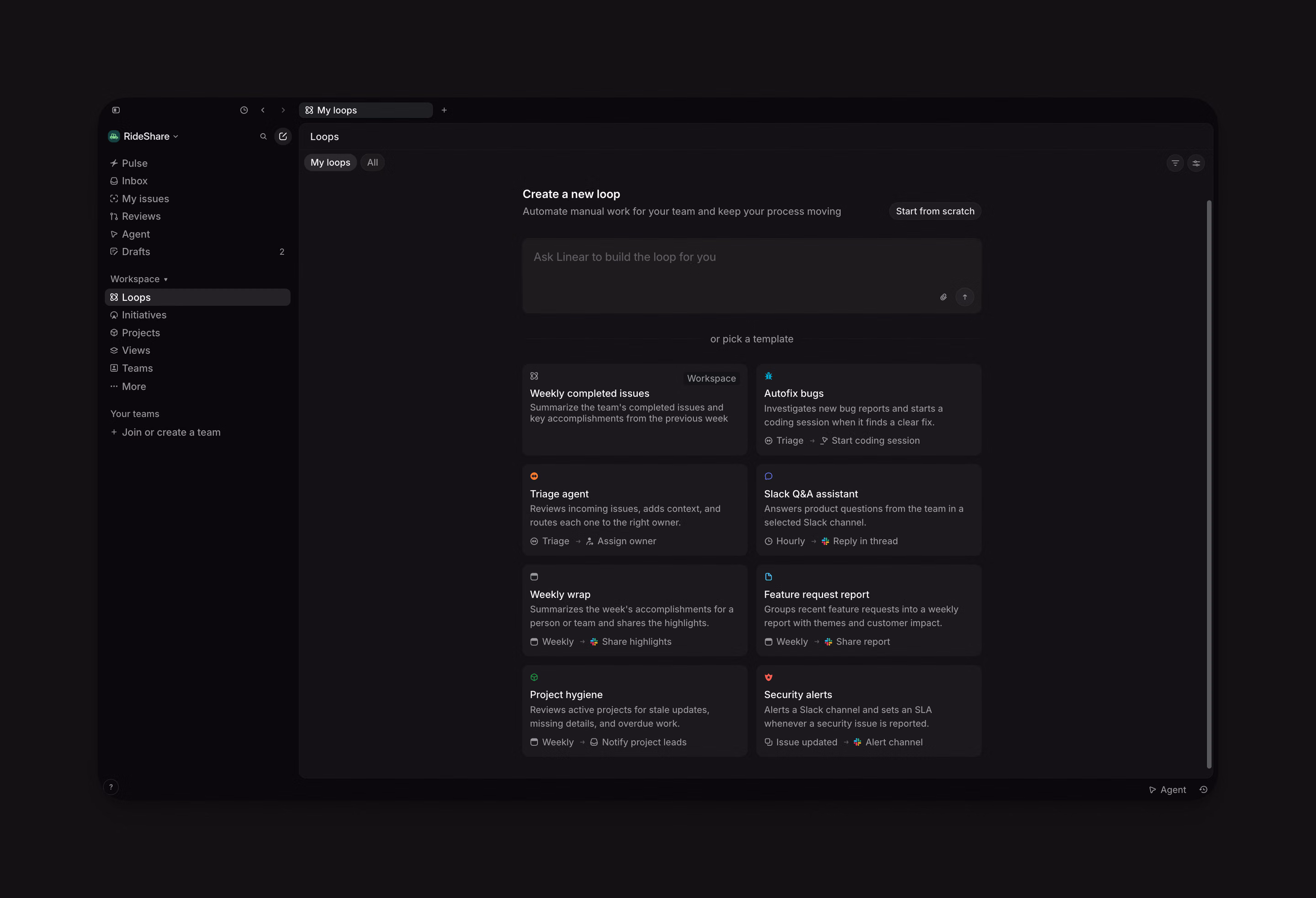 Create a new loop page with a prompt box, Start from scratch button, and workflow templates