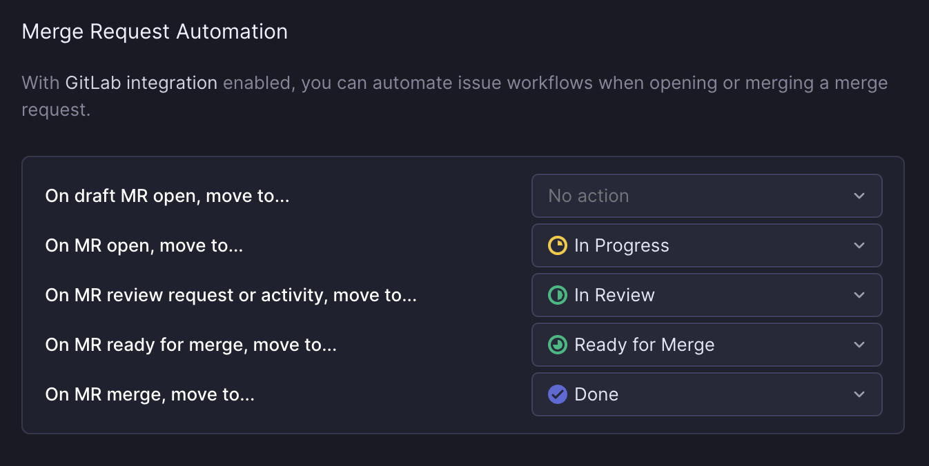 MR status automation set for the following categories: on draft mr open, on mr open, on mr review request, on mr ready for merge, on mr merge