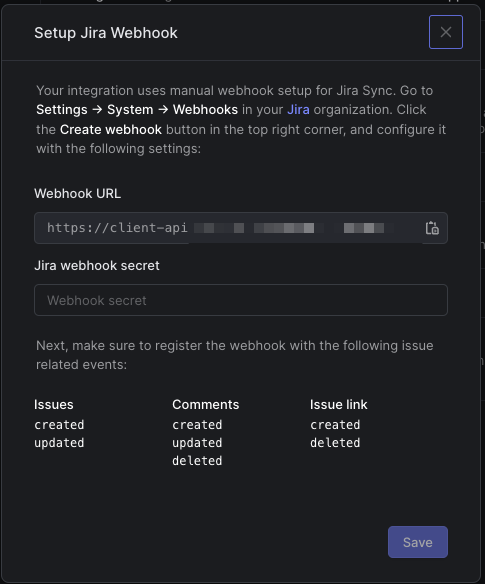 jira webhook form in Linear