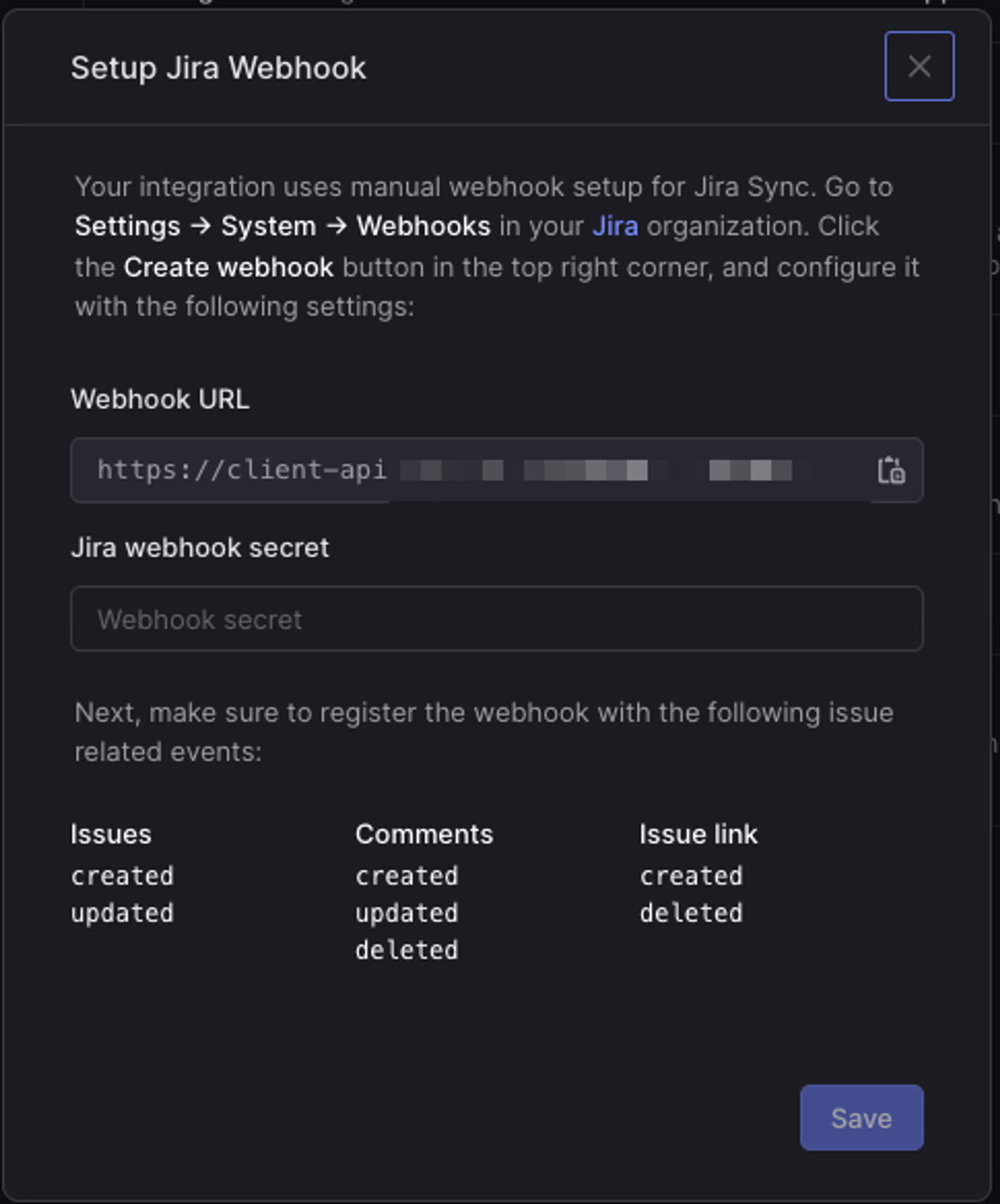 jira webhook form in Linear
