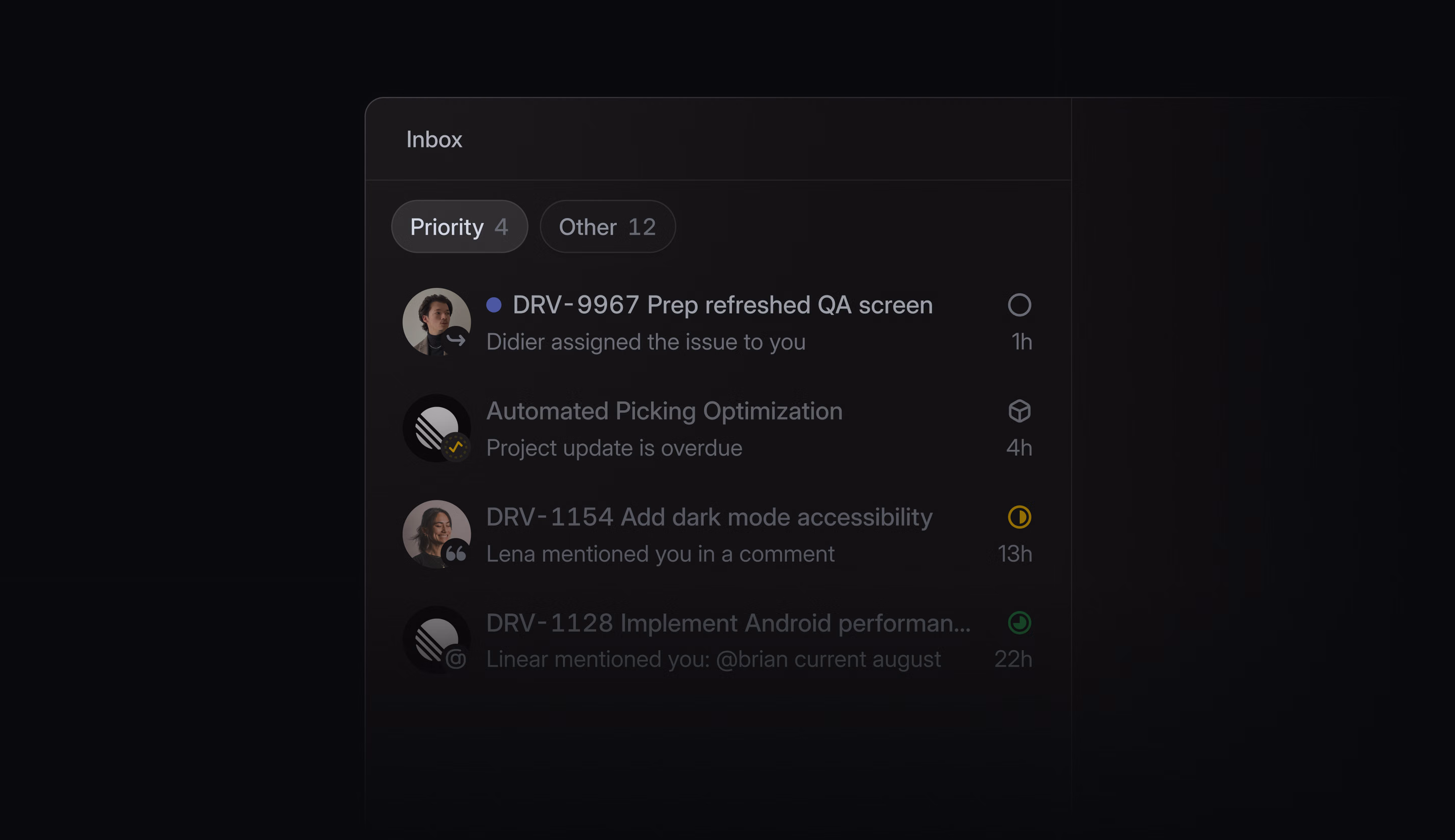 Linear Inbox in dark mode, showing Priority and Other tabs with several notifications about issue assignments, project updates, comments, and mentions.