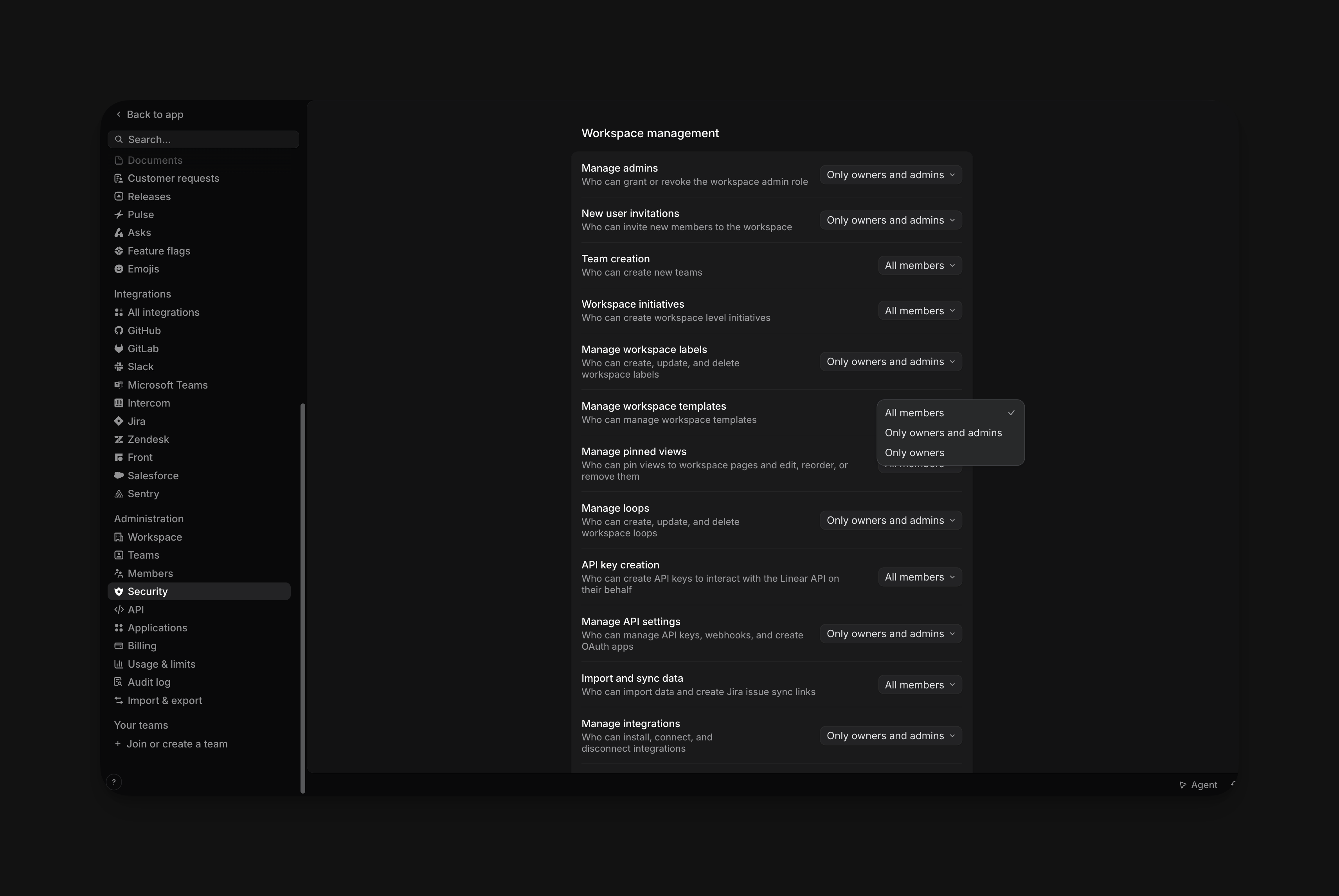 Workspace management security settings with the Manage workspace templates dropdown open, showing All members, Only owners and admins, and Only owners
