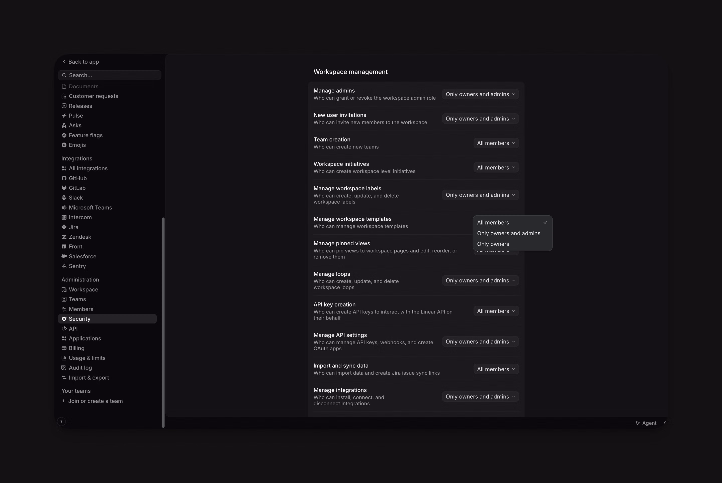 Workspace management security settings with the Manage workspace templates dropdown open, showing All members, Only owners and admins, and Only owners