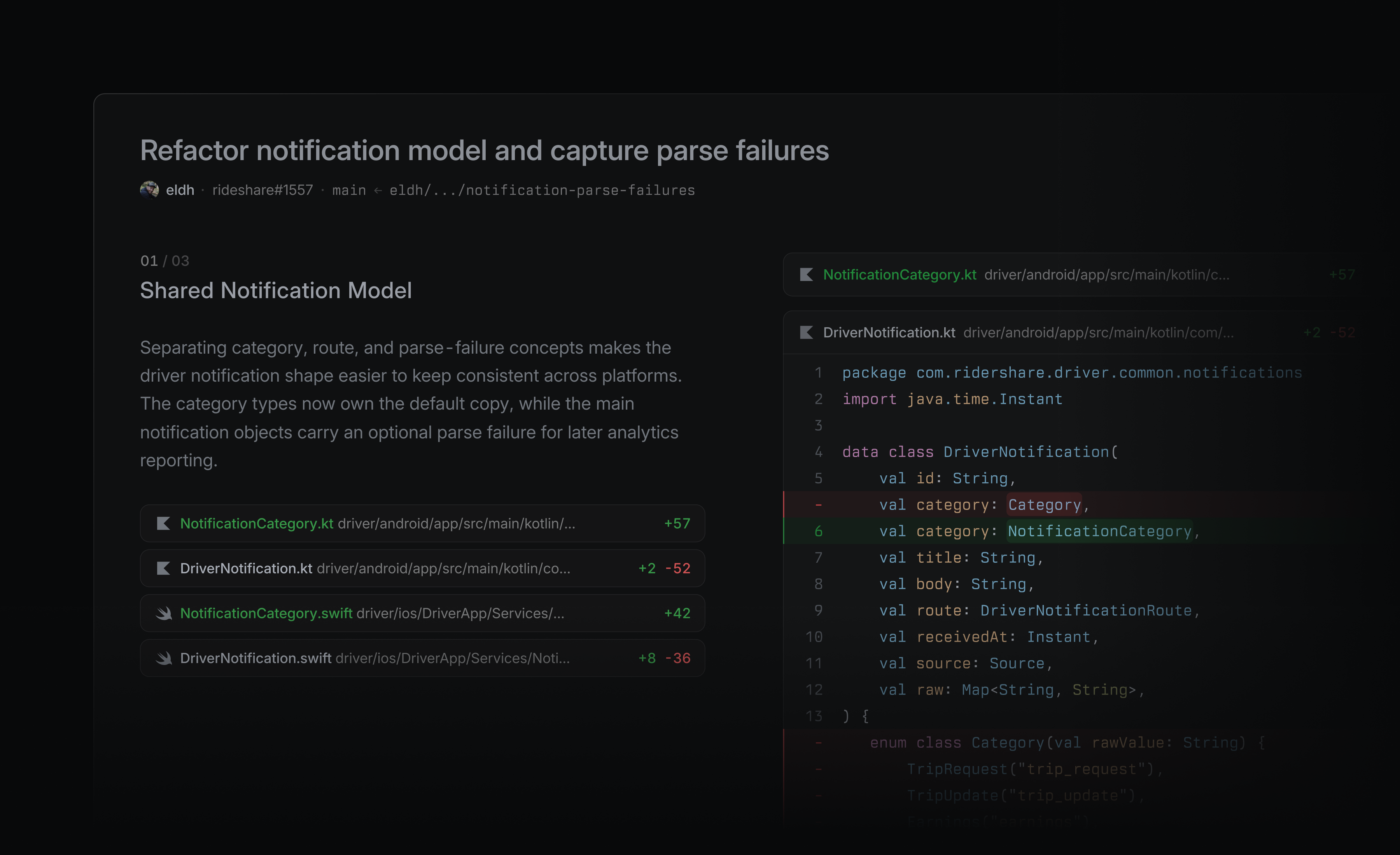 guided review with an explanation and file selection on the left, and the diffs on the right