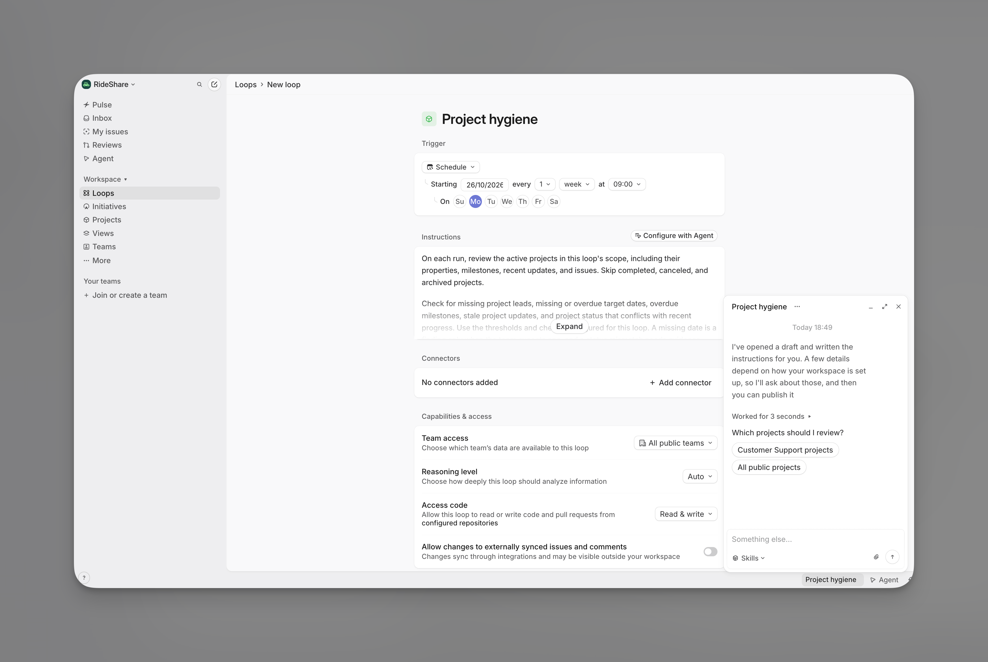 Project hygiene loop draft with a chat panel asking "Which projects should I review?" and the options Customer Support projects and All public projects