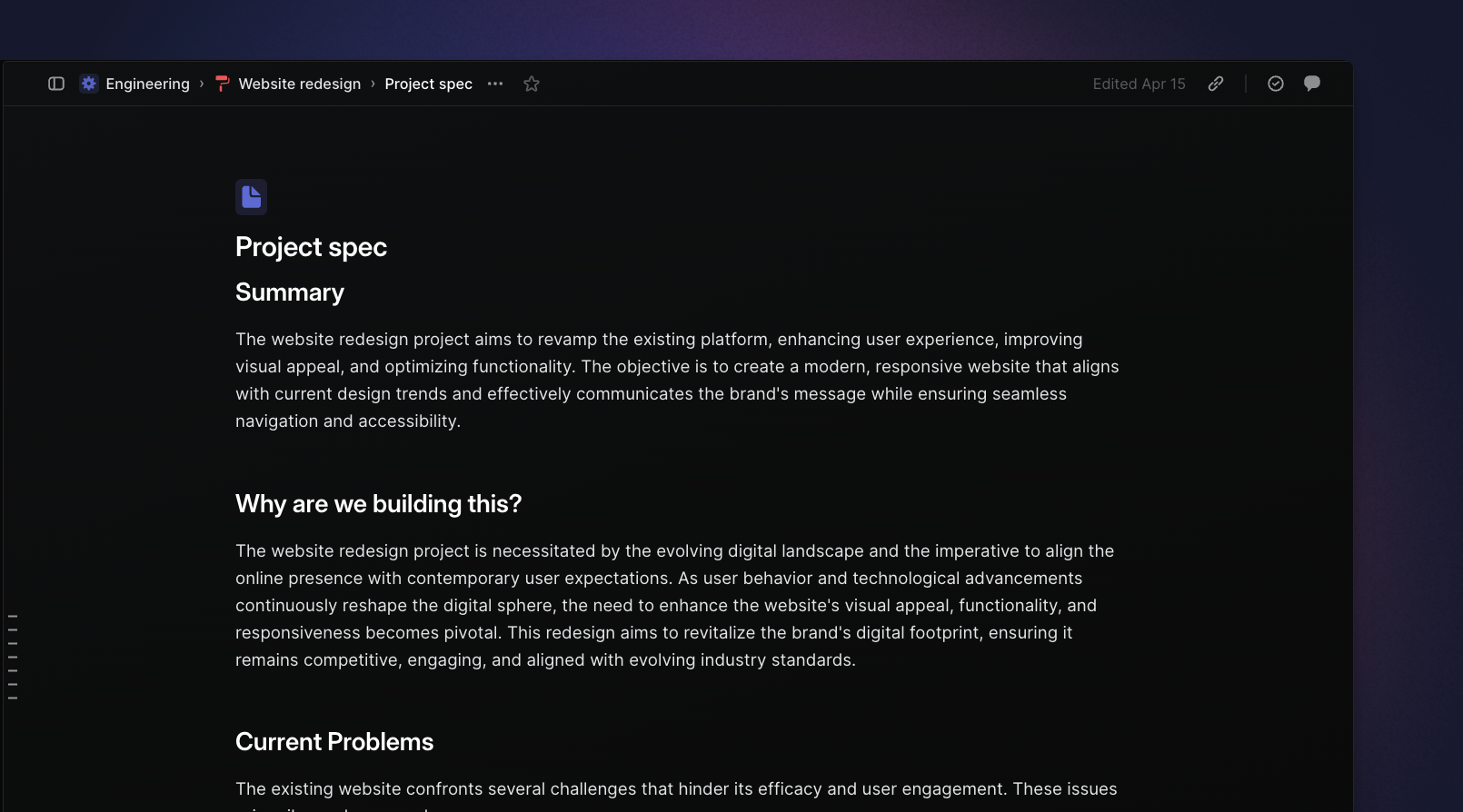Image of a project spec document in Linear
