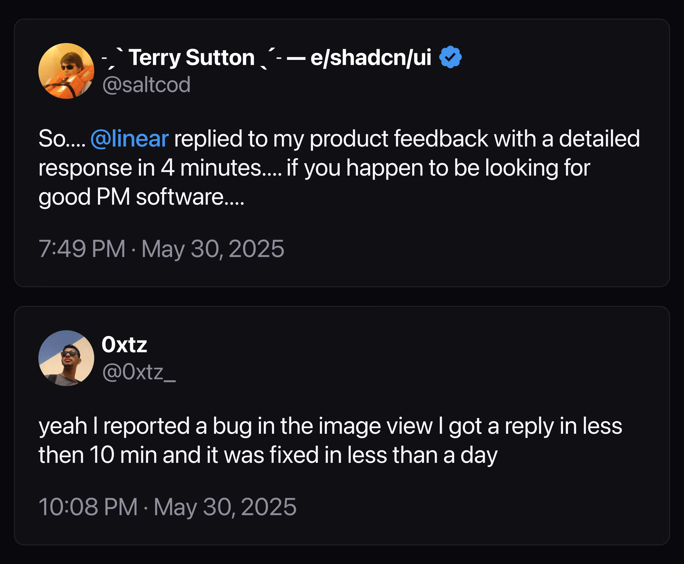Image of a tweet exchange on Linear's support response.
