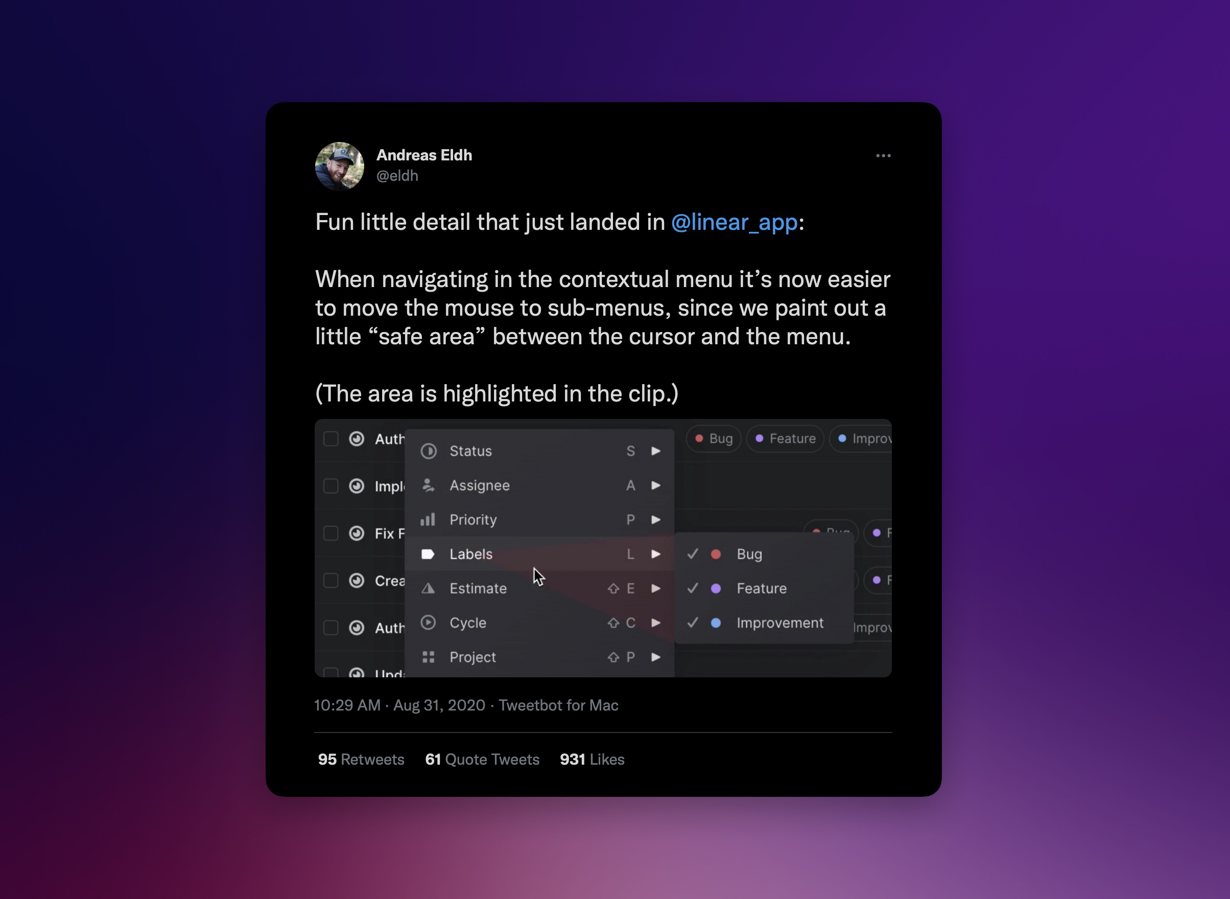 Tweet from Andreas Eldh about a safe area between the cursor and the menu when navigating contextual menus in Linear.