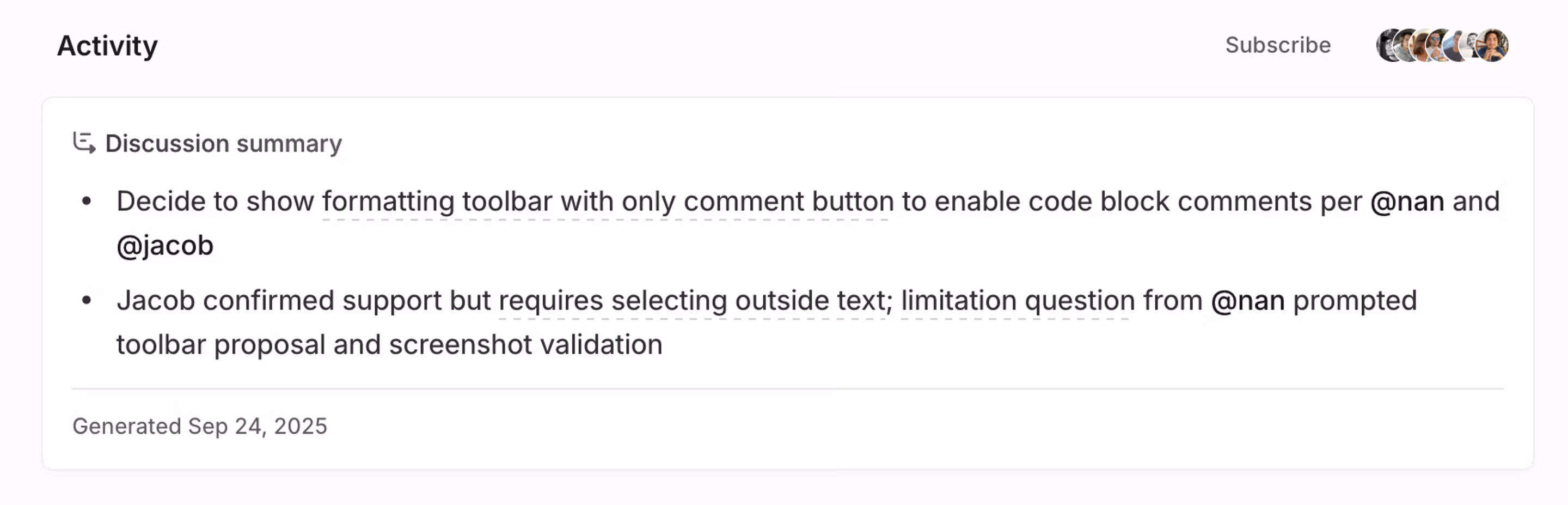 Issue activity view showing an AI-generated discussion summary and citations linking to source comments