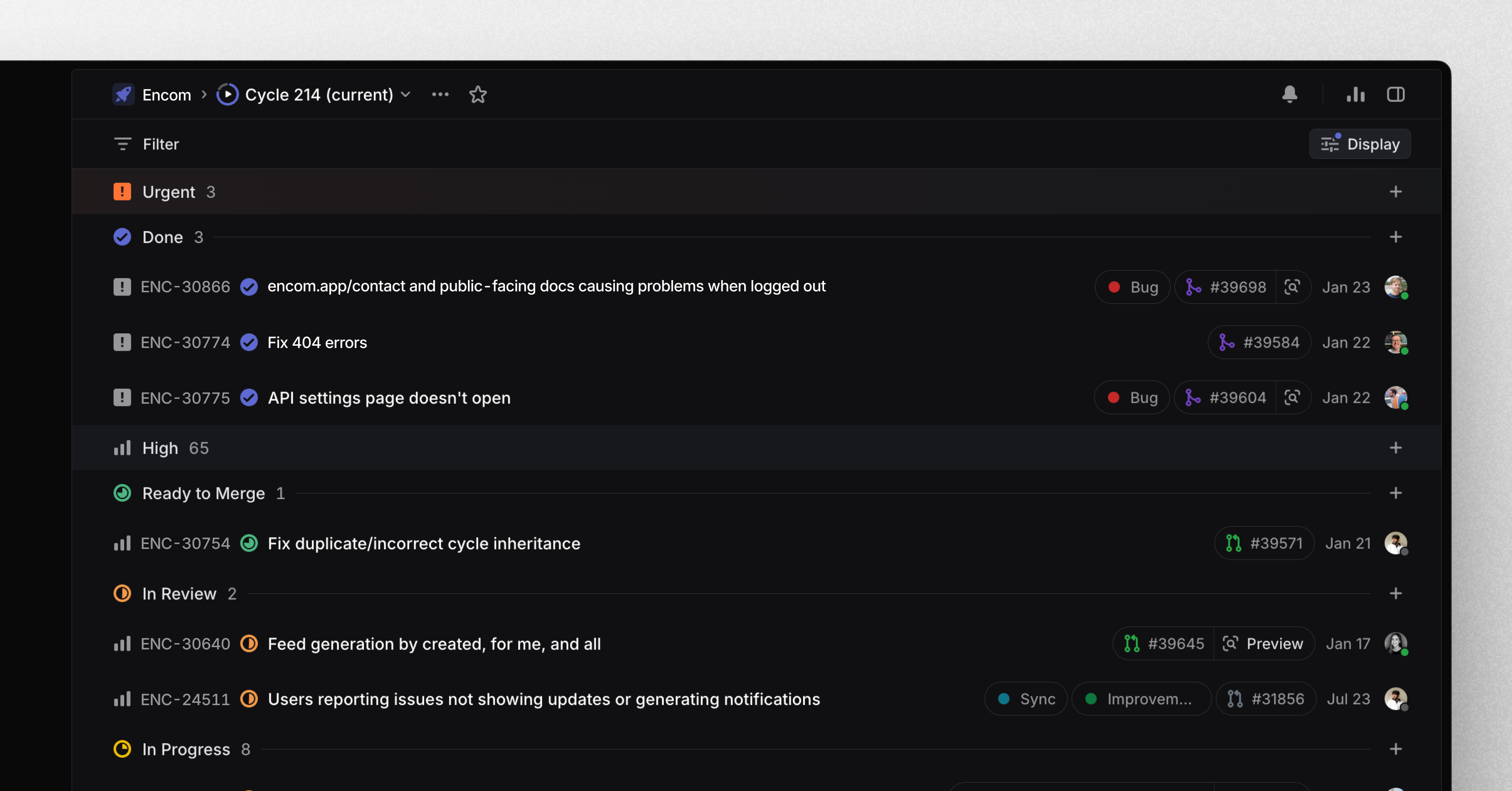 Cycles view grouped by priority and status