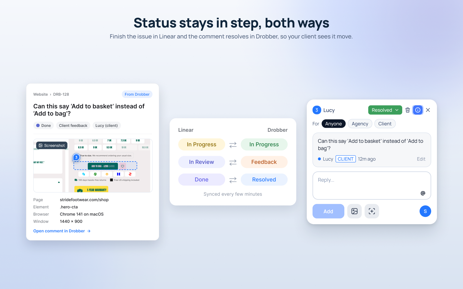 status syncing on drobber and linear